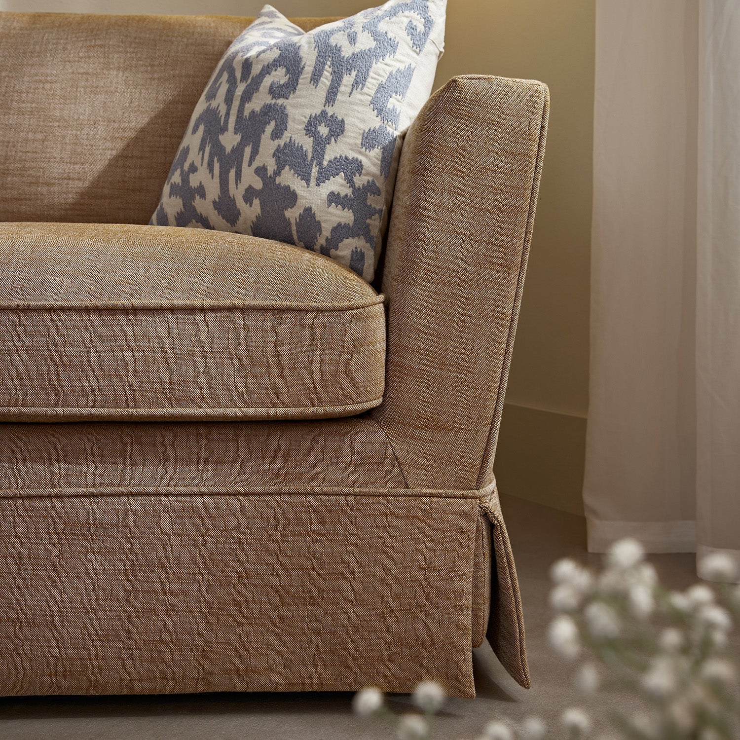 Fitz Skirted Loveseat, Apricot Linen Blend