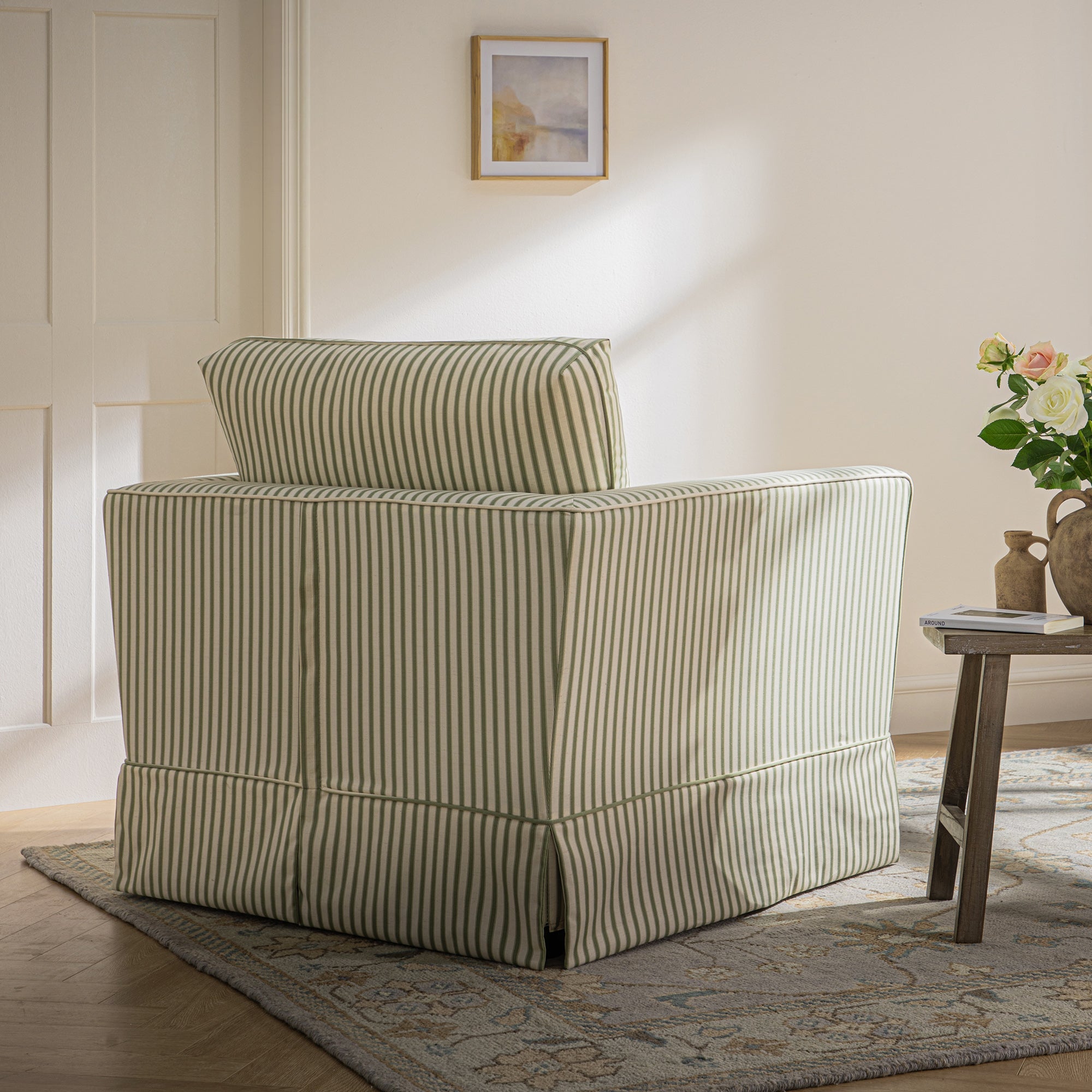 Fitz Skirted Armchair, Sage Striped Linen Blend