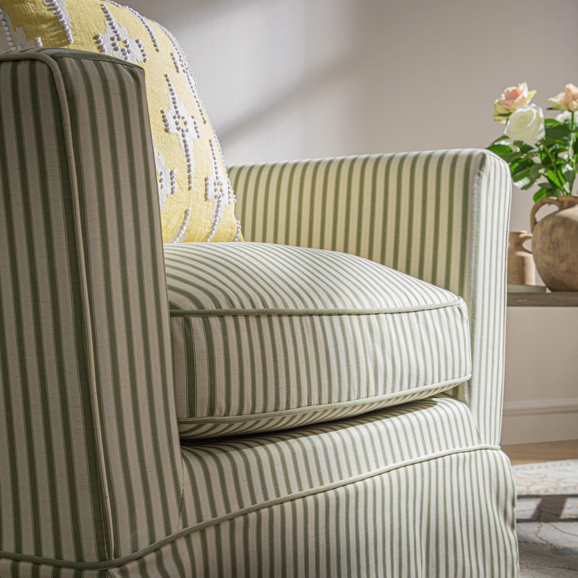Fitz Skirted Armchair, Sage Striped Linen Blend