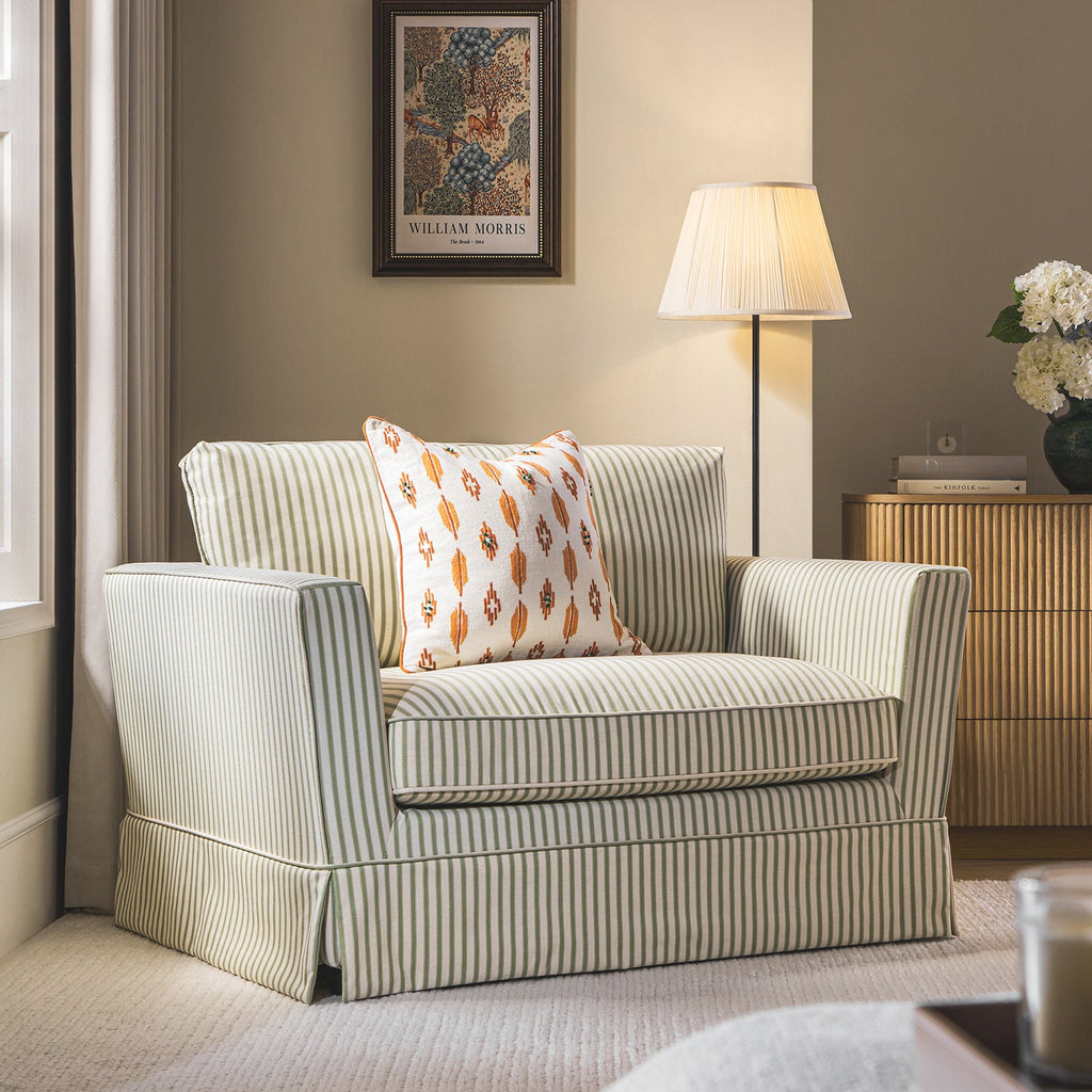 Fitz Skirted Loveseat, Sage Striped Linen Blend