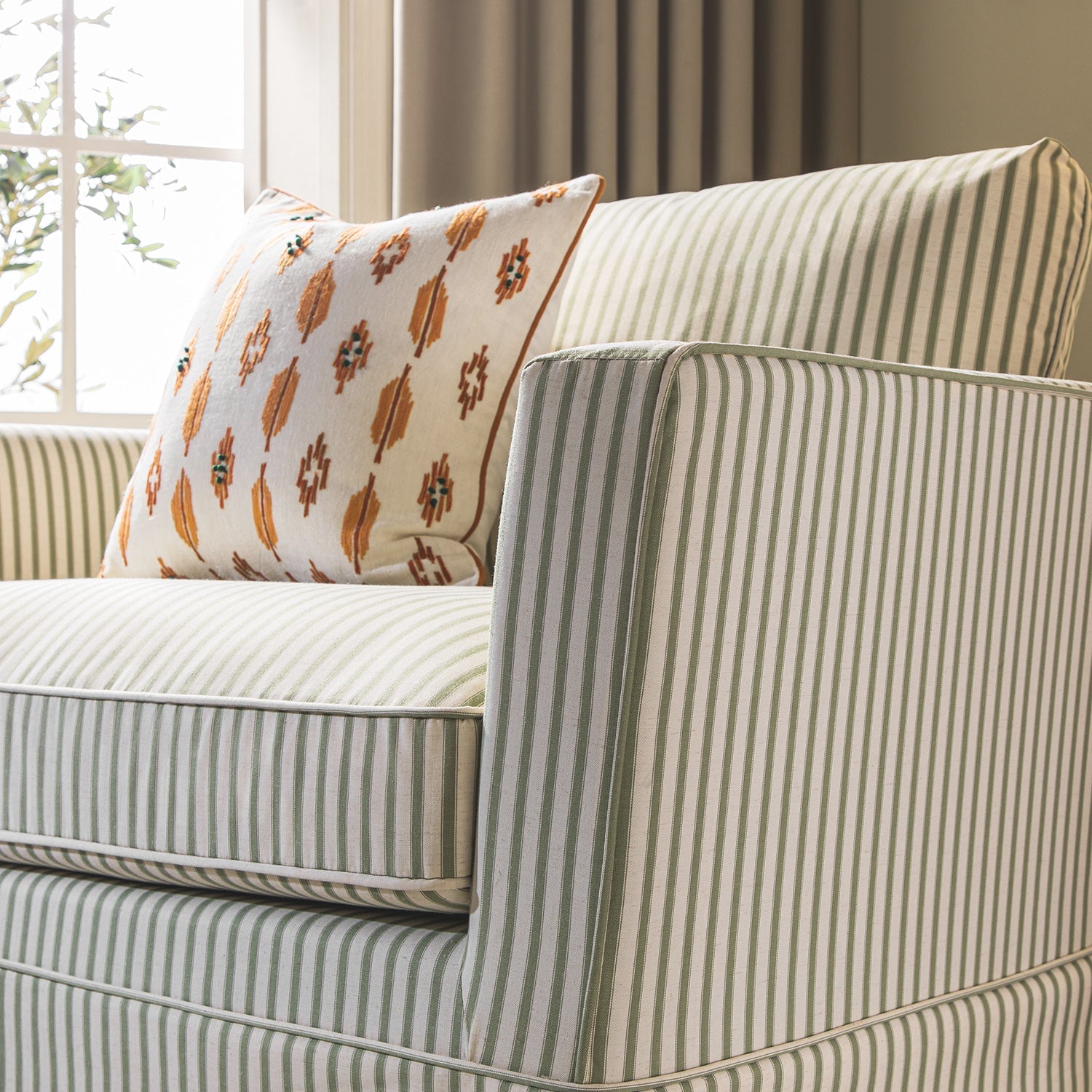Fitz Skirted Loveseat, Sage Striped Linen Blend