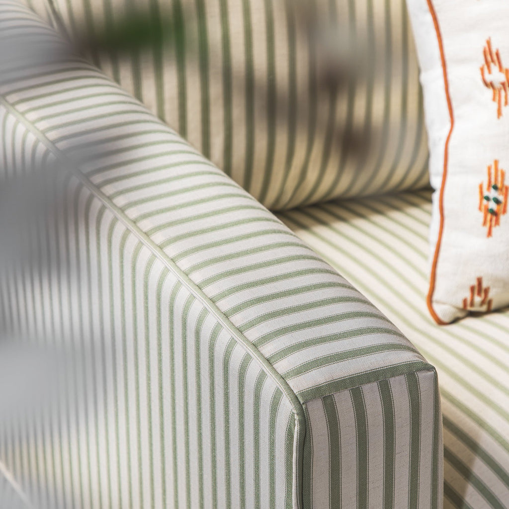 Fitz Skirted Loveseat, Sage Striped Linen Blend