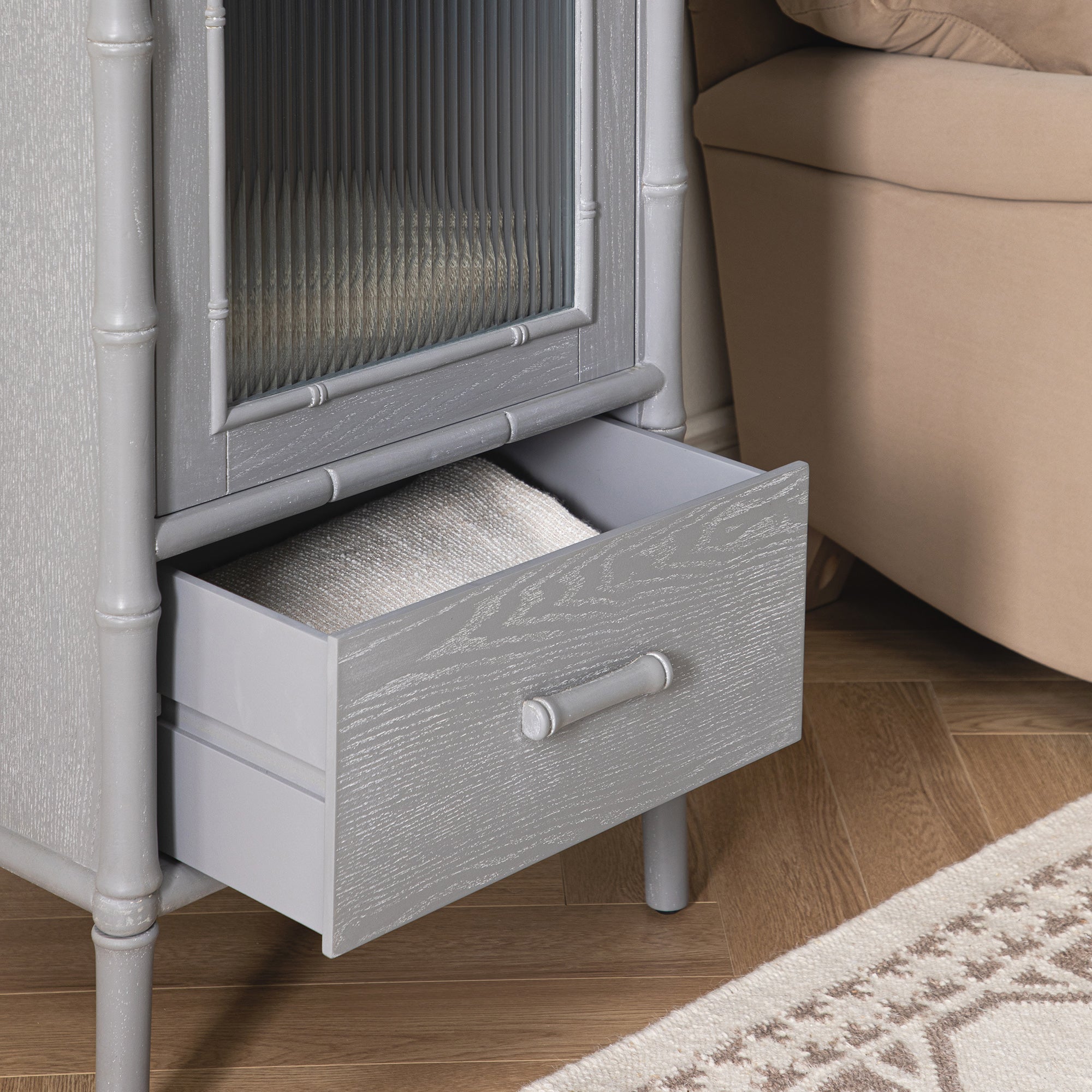 Elstowe Faux Bamboo and Fluted Glass 1-Door Cabinet, Warm Grey
