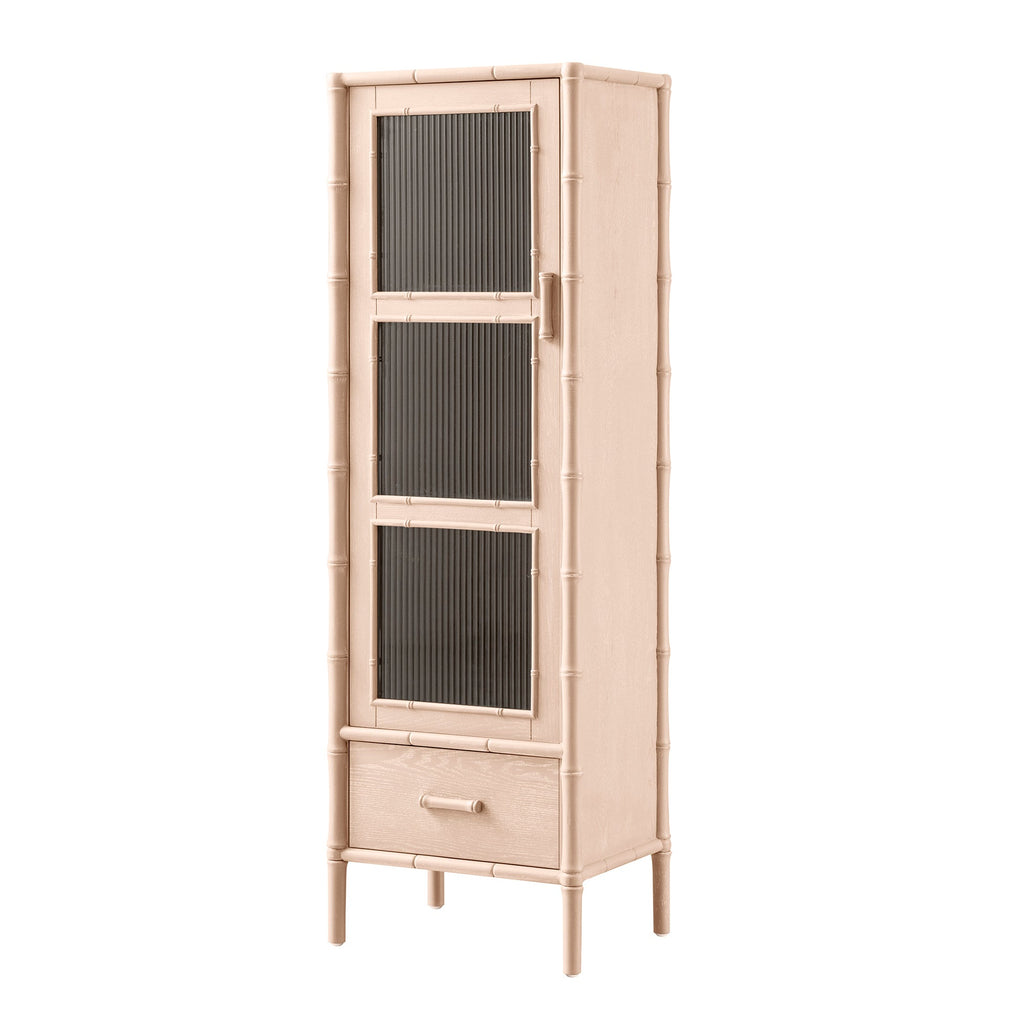 Elstowe Faux Bamboo and Fluted Glass 1-Door Cabinet, Nude Pink