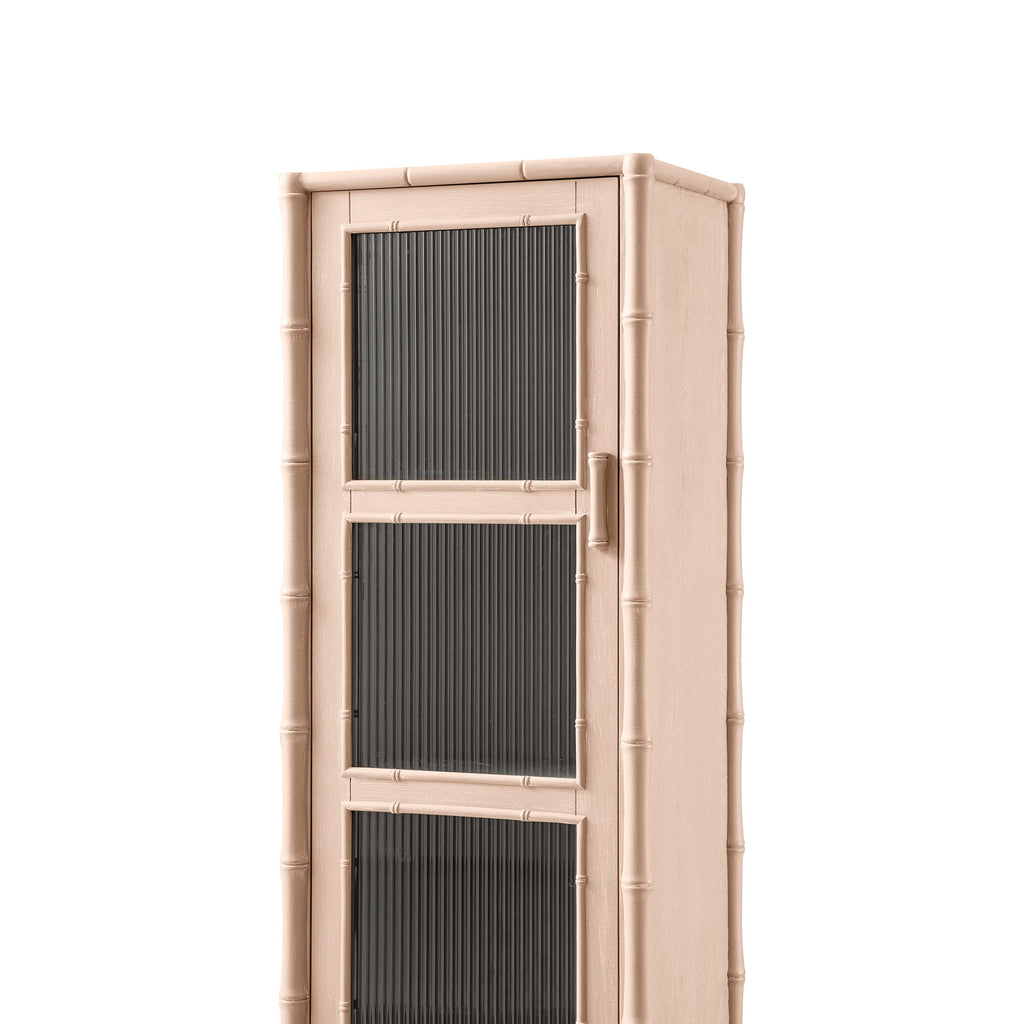 Elstowe Faux Bamboo and Fluted Glass 1-Door Cabinet, Nude Pink