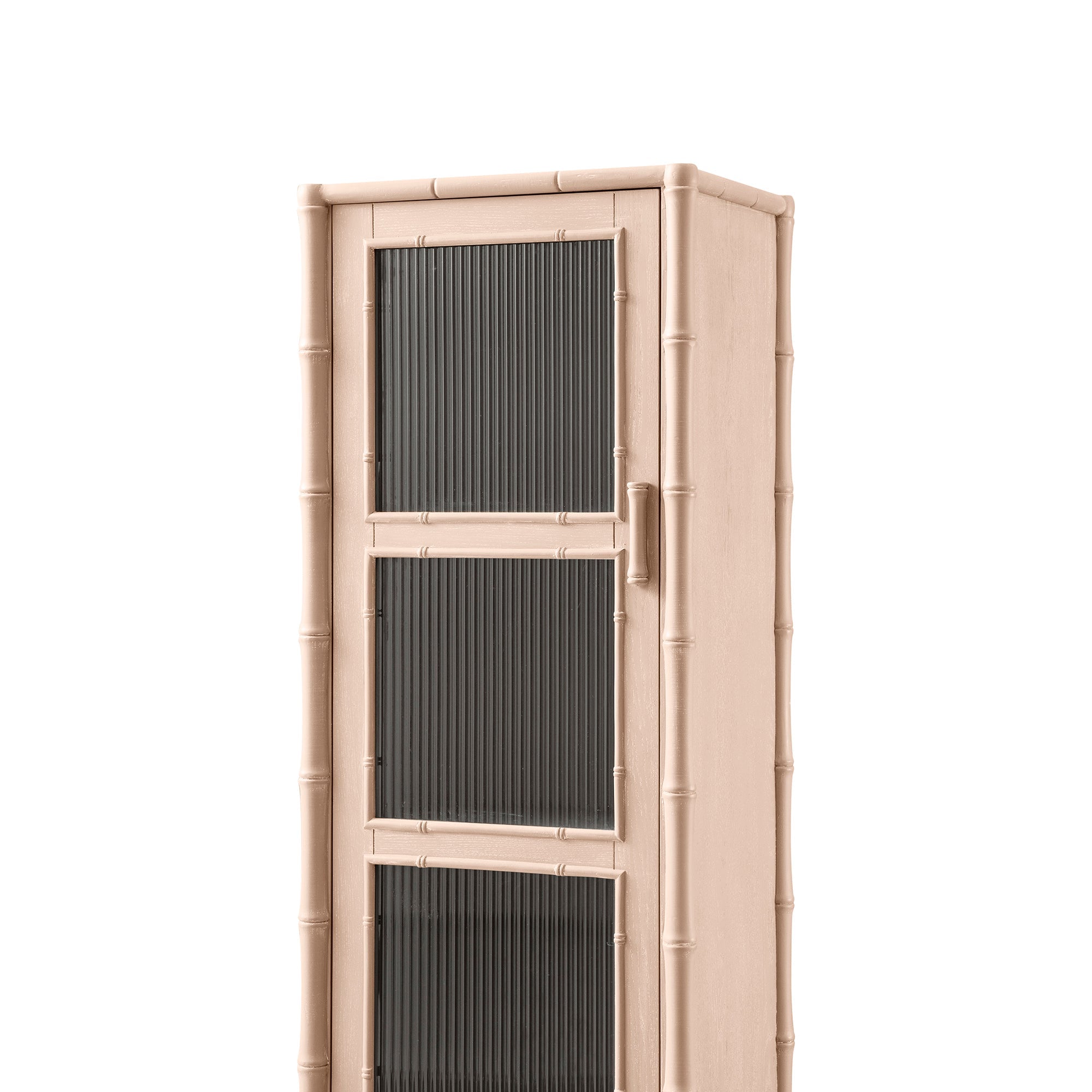 Elstowe Faux Bamboo and Fluted Glass 1-Door Cabinet, Nude Pink
