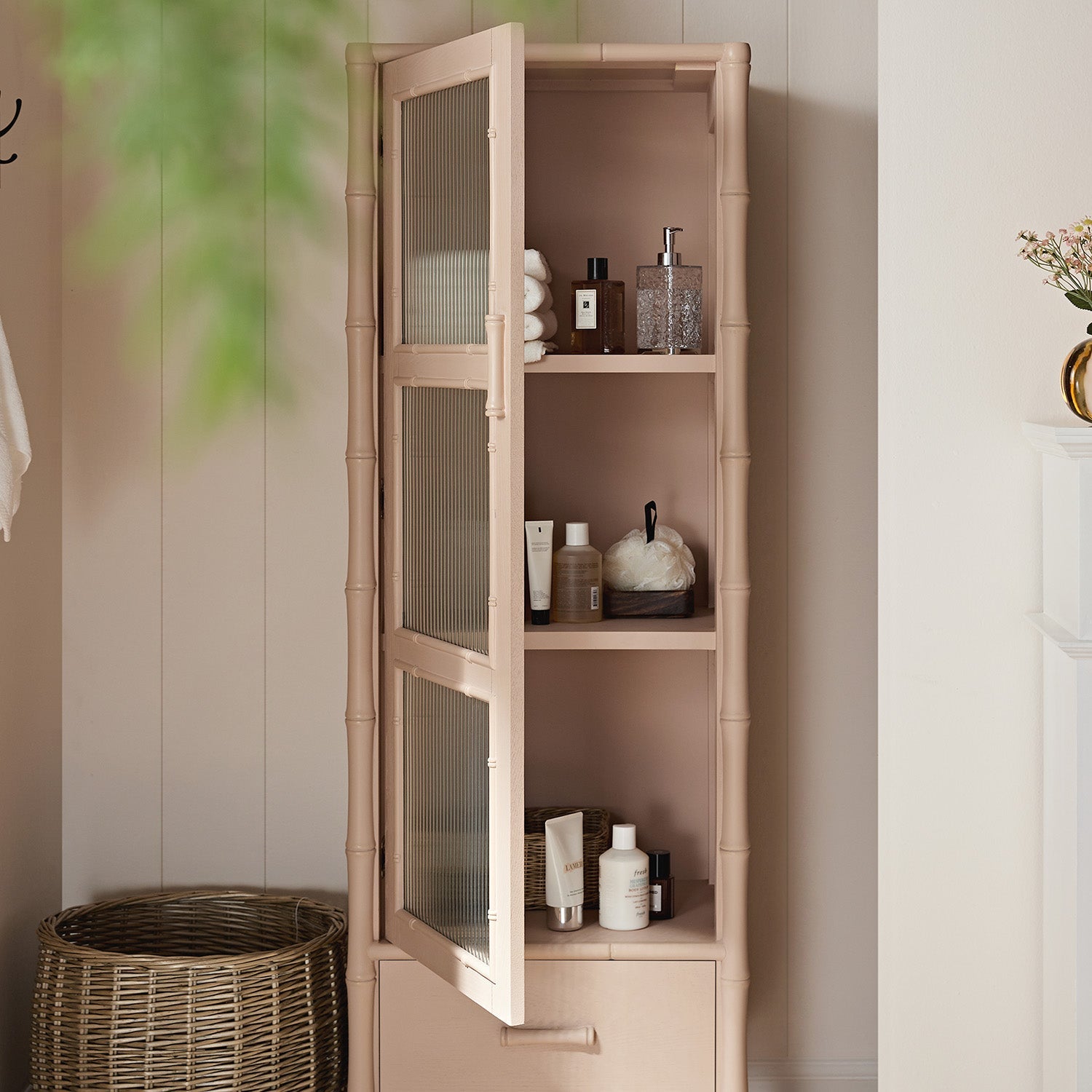 Elstowe Faux Bamboo and Fluted Glass 1-Door Cabinet, Nude Pink