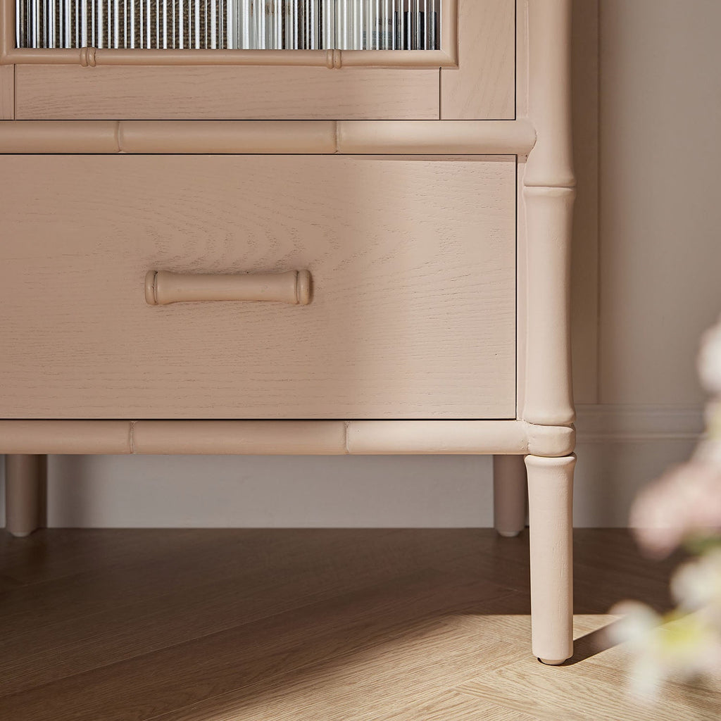 Elstowe Faux Bamboo and Fluted Glass 1-Door Cabinet, Nude Pink