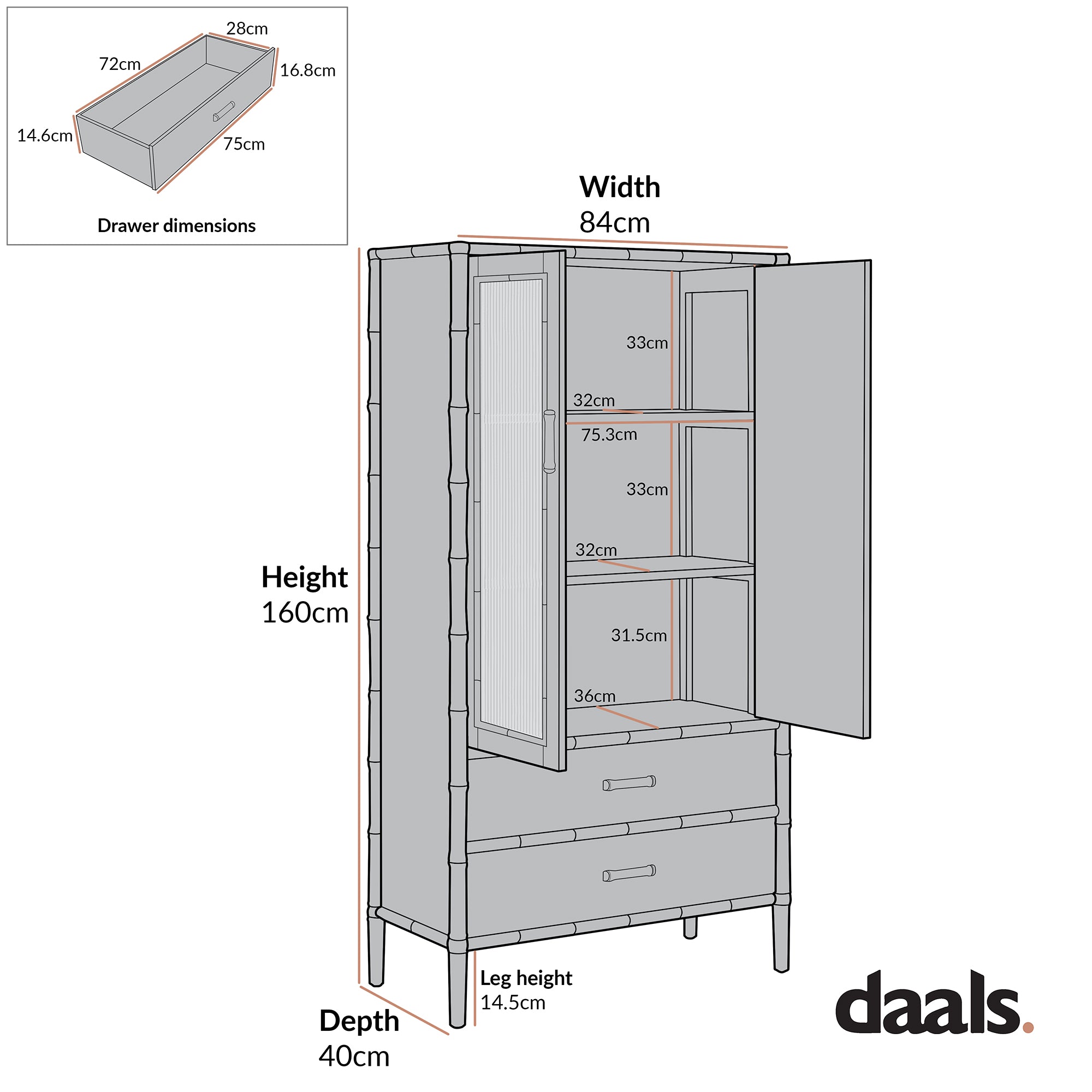 Elstowe Faux Bamboo and Fluted Glass 2-Door Cabinet, Nude Pink