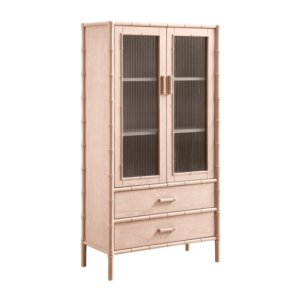 Elstowe Faux Bamboo and Fluted Glass 2-Door Cabinet, Nude Pink