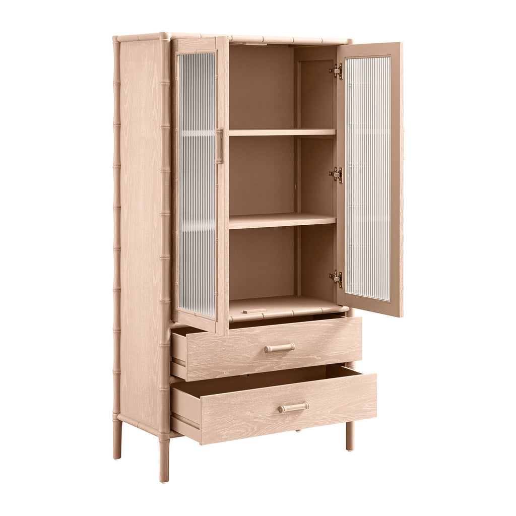Elstowe Faux Bamboo and Fluted Glass 2-Door Cabinet, Nude Pink