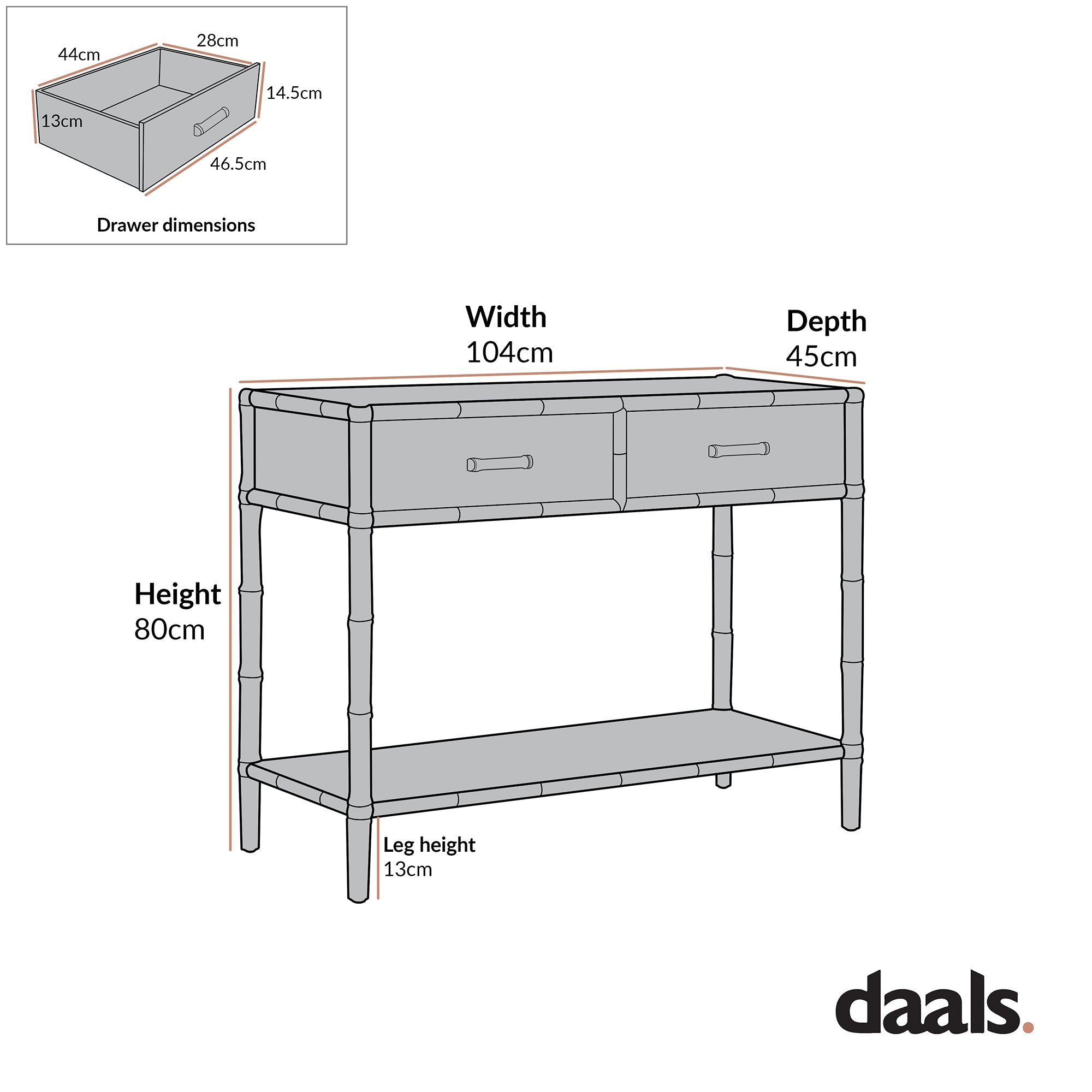 Elstowe Faux Bamboo 2-Drawer Console Table, Nude Pink