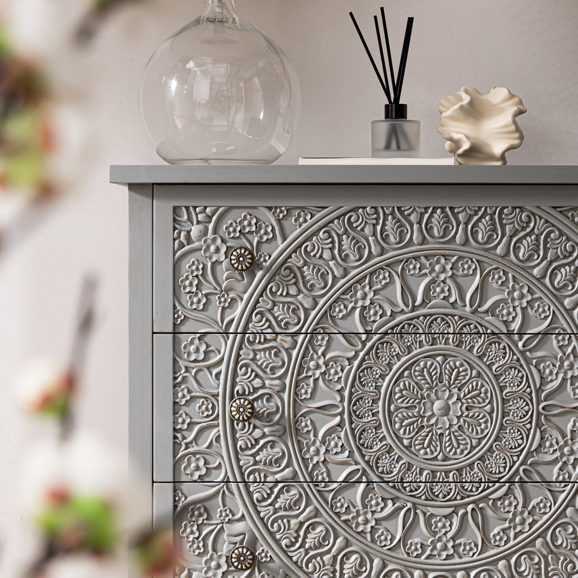 Chantilly Mid Grey Carved 3 Drawer Chest