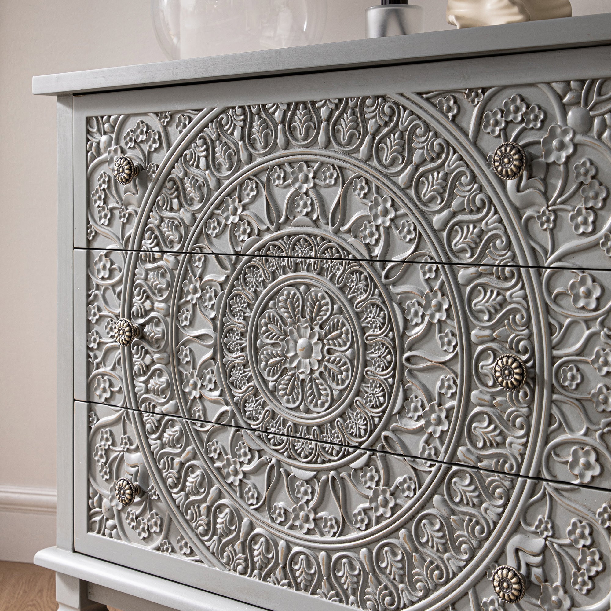 Chantilly Mid Grey Carved 3 Drawer Chest