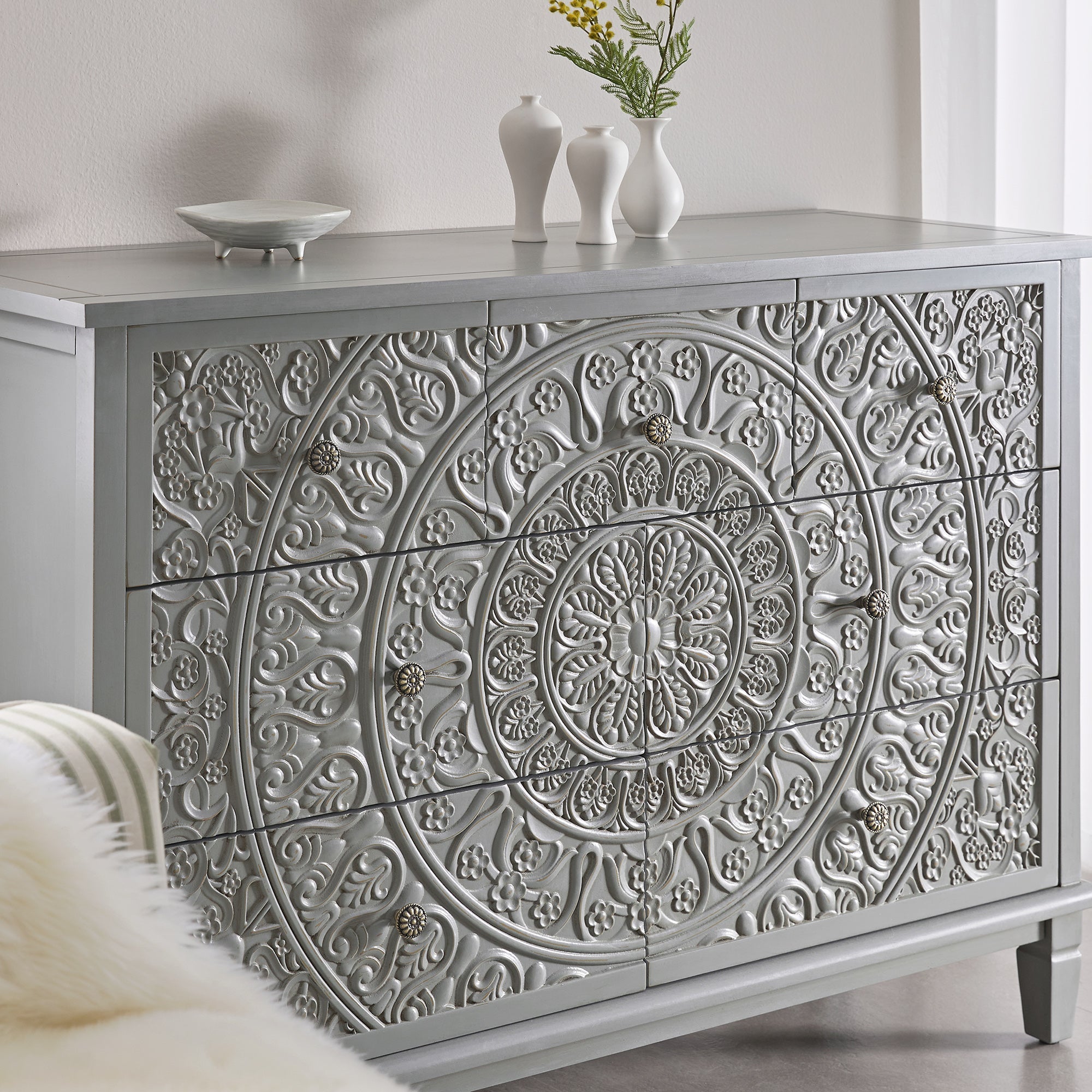 Chantilly Mid Grey Carved 3 over 4 Drawer Chest