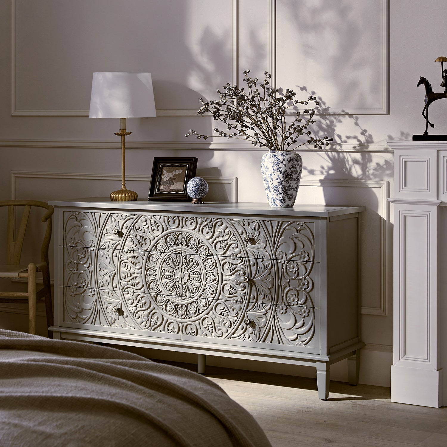 Chantilly Mid Grey Carved Wide 6 Drawer Chest