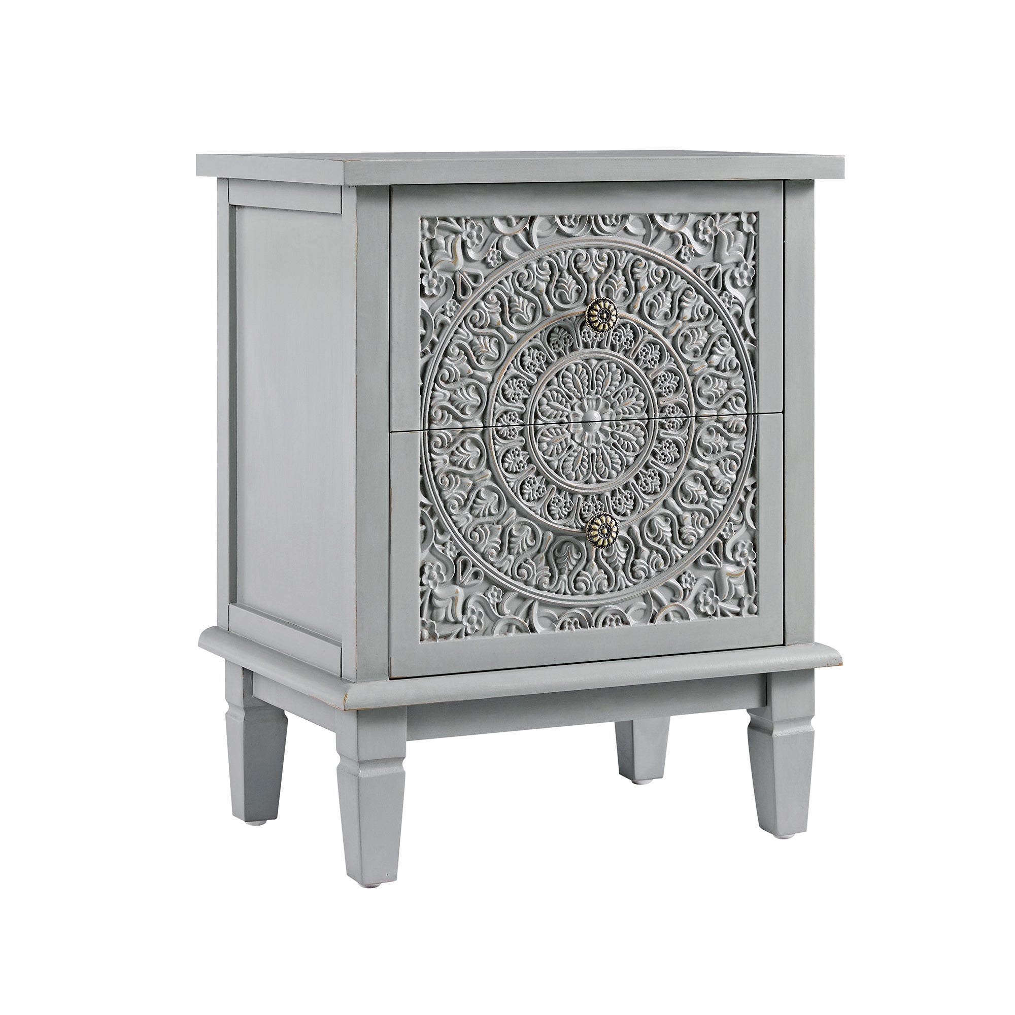 Chantilly Mid Grey Carved 2 Drawer Bedside Table