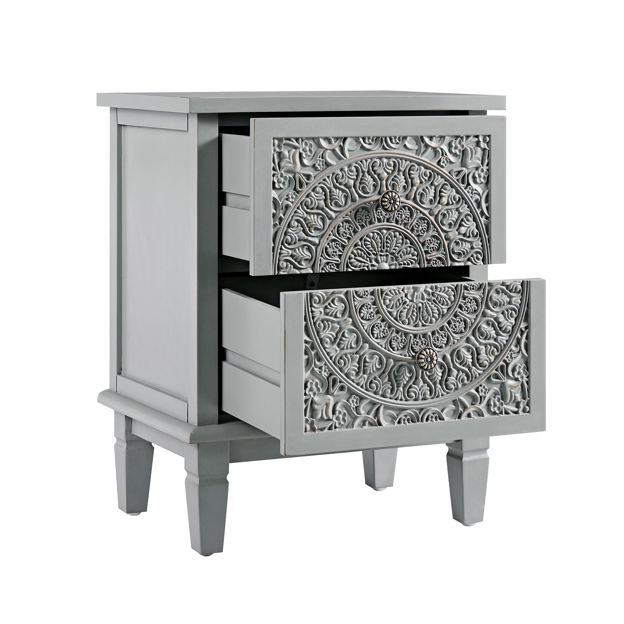 Chantilly Mid Grey Carved 2 Drawer Bedside Table