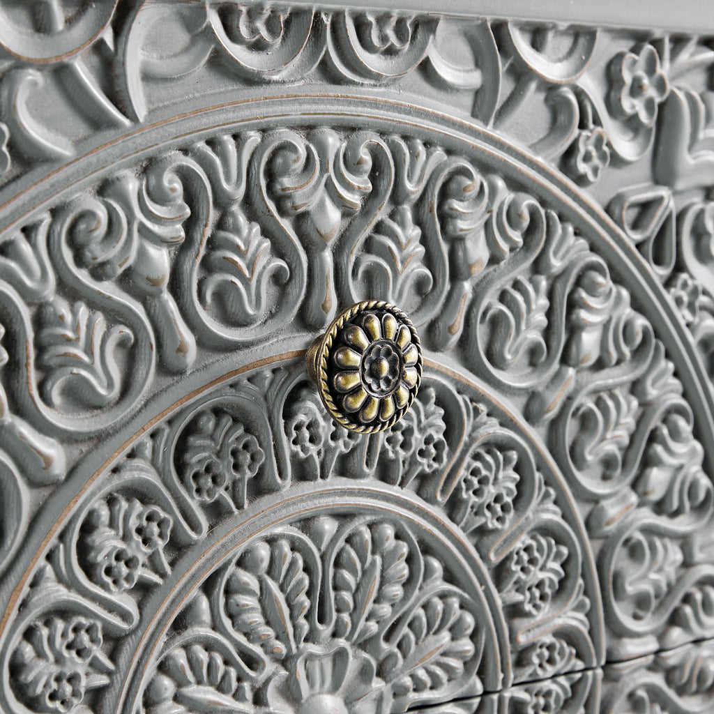 Chantilly Mid Grey Carved 2 Drawer Bedside Table