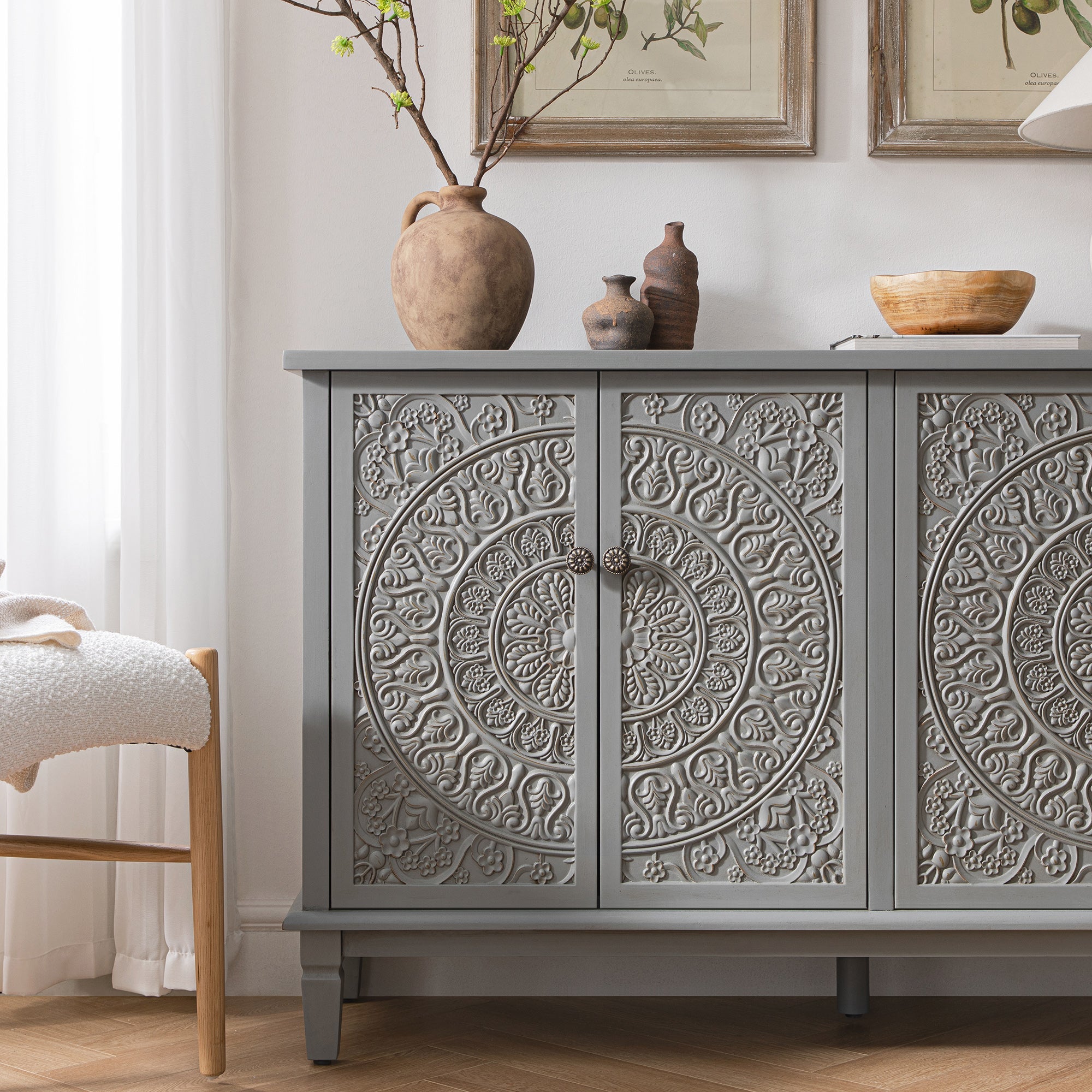 Chantilly Mid Grey Carved Large Sideboard