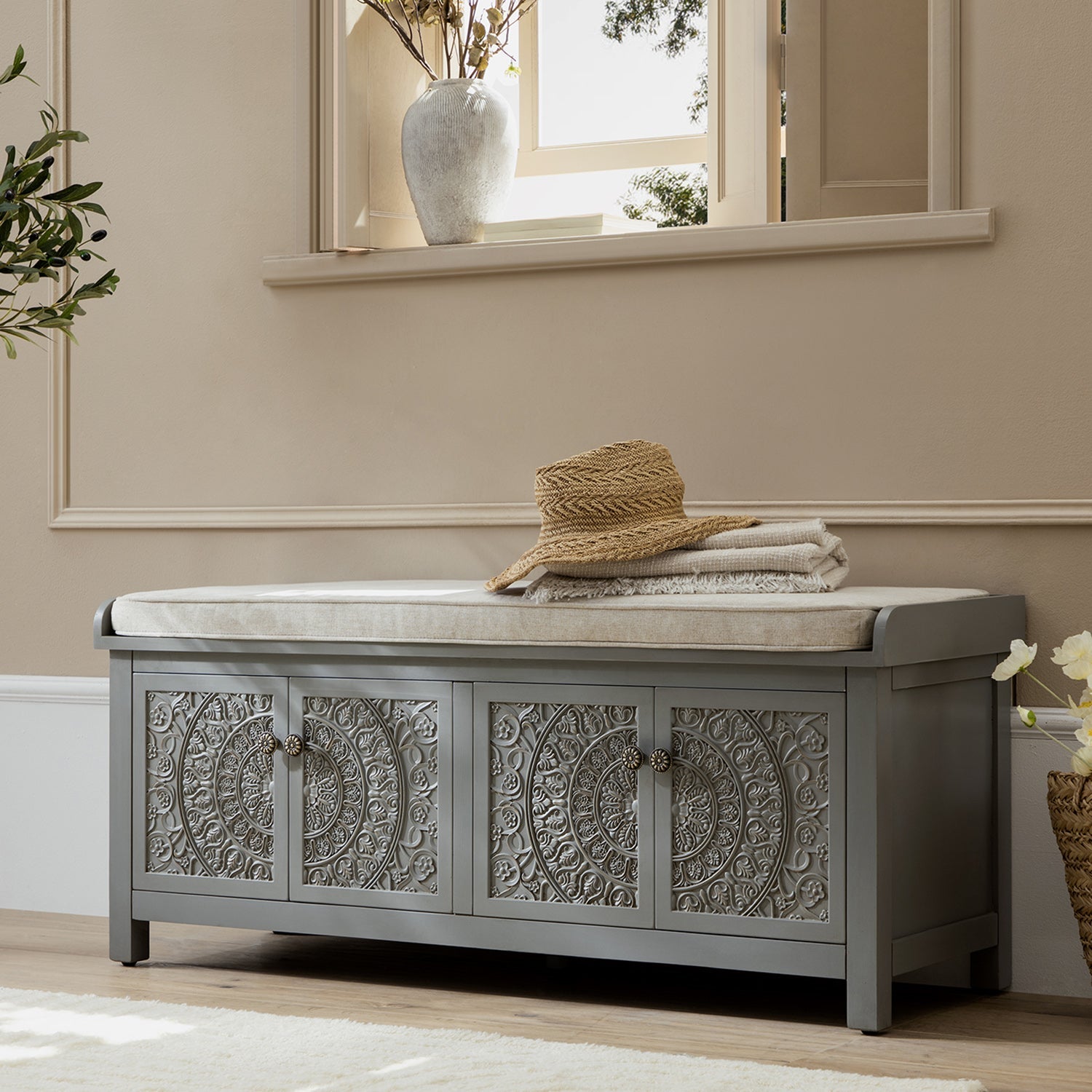 Chantilly Mid Grey Carved Storage Bench