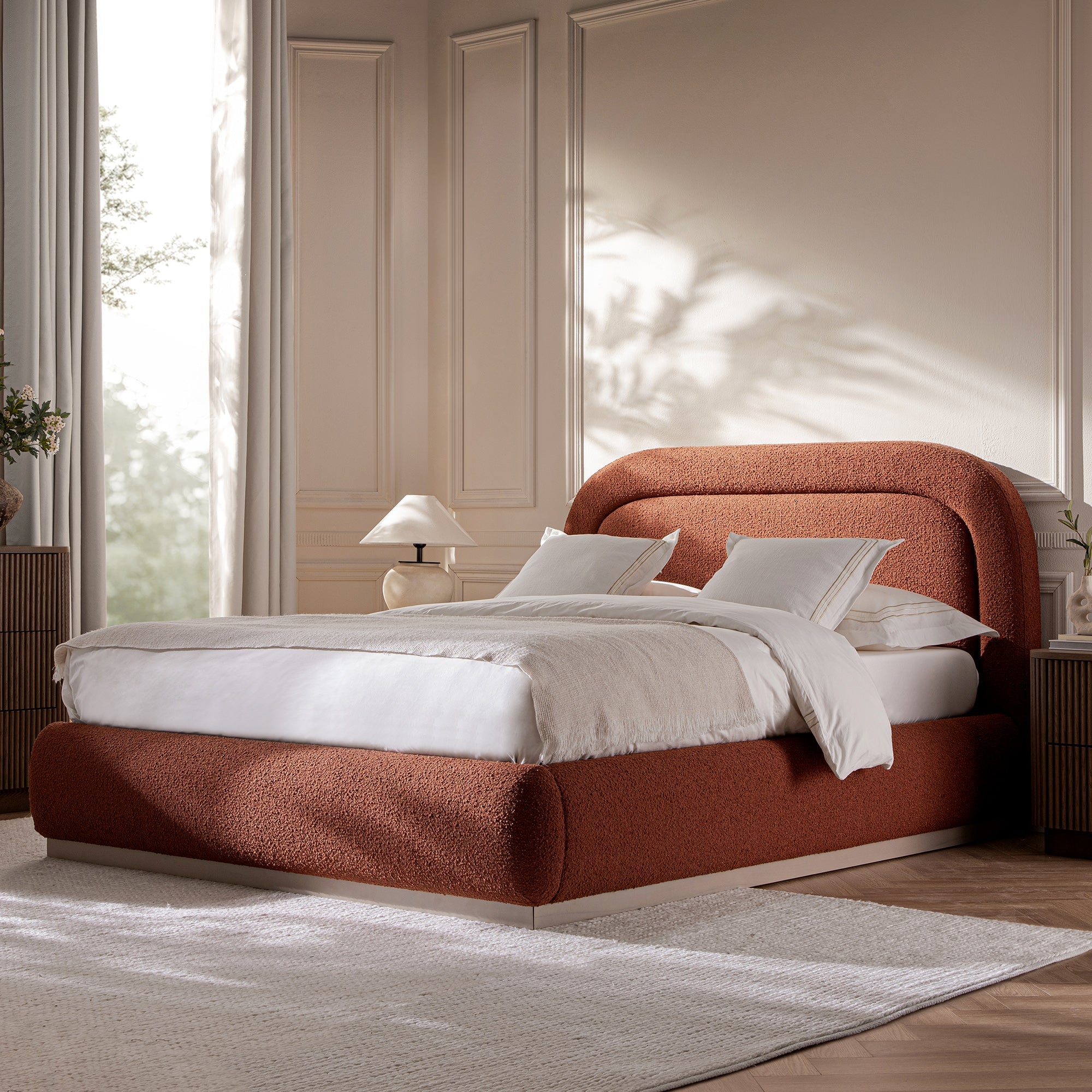 Luella Upholstered Wooden Plinth Base Storage Bed, Rust Boucle