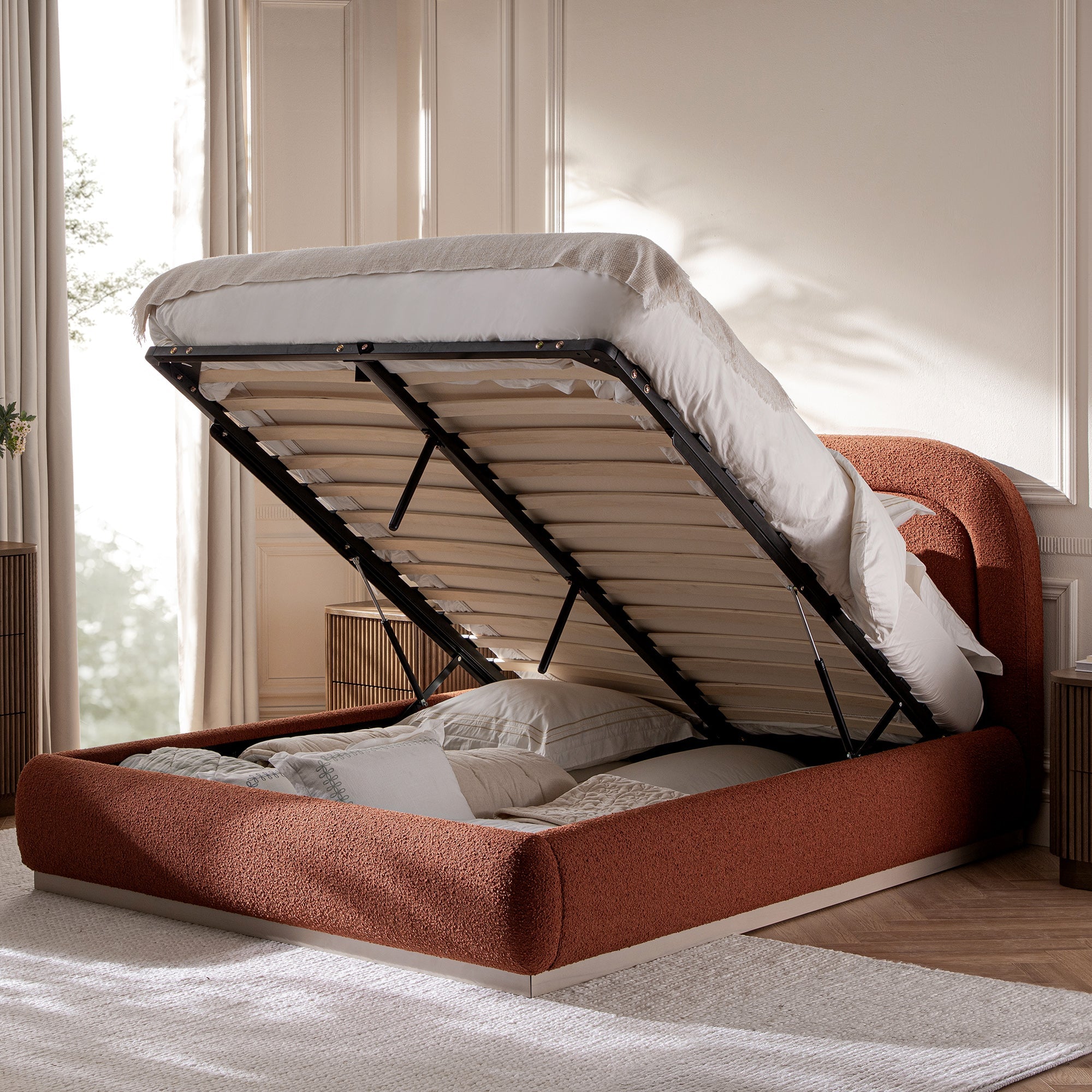 Luella Upholstered Wooden Plinth Base Storage Bed, Rust Boucle