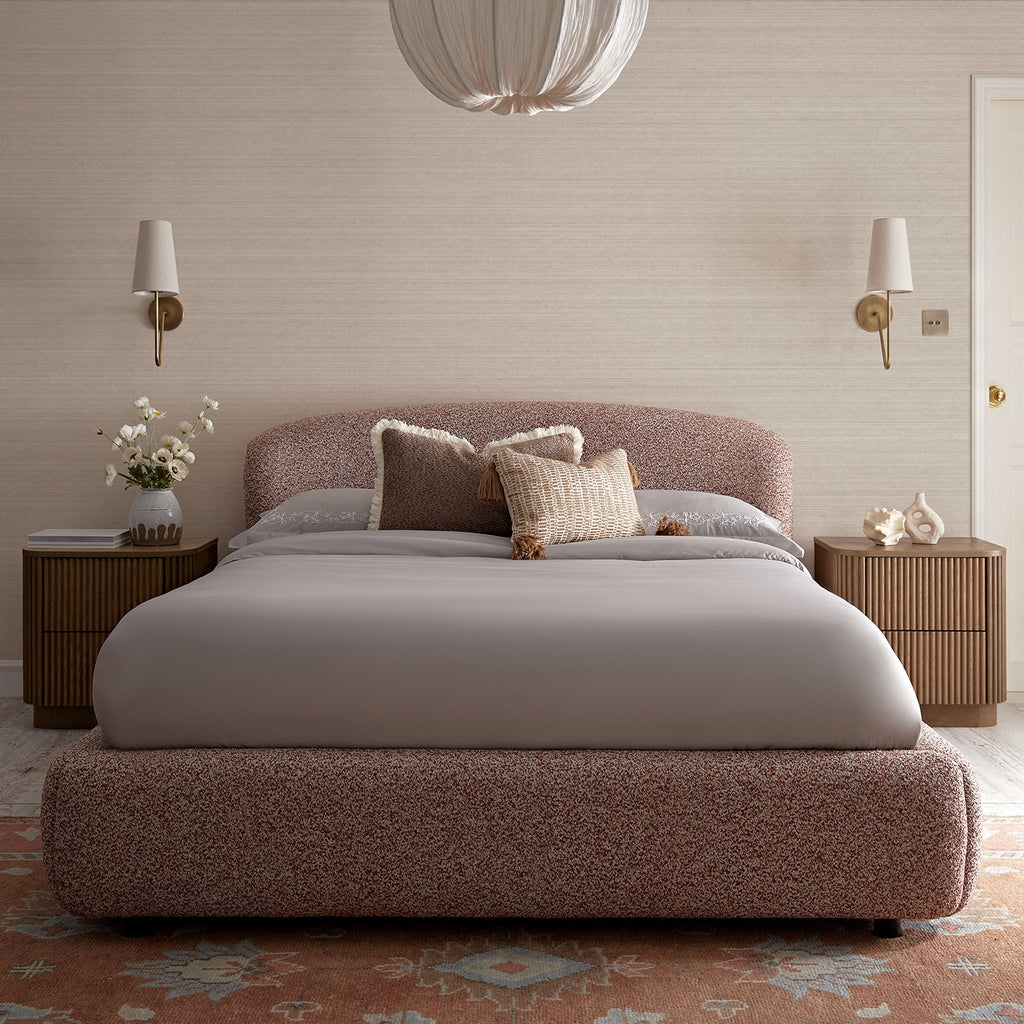 Constance Winged Headboard Ottoman Storage Bed, Musk Blush Boucle