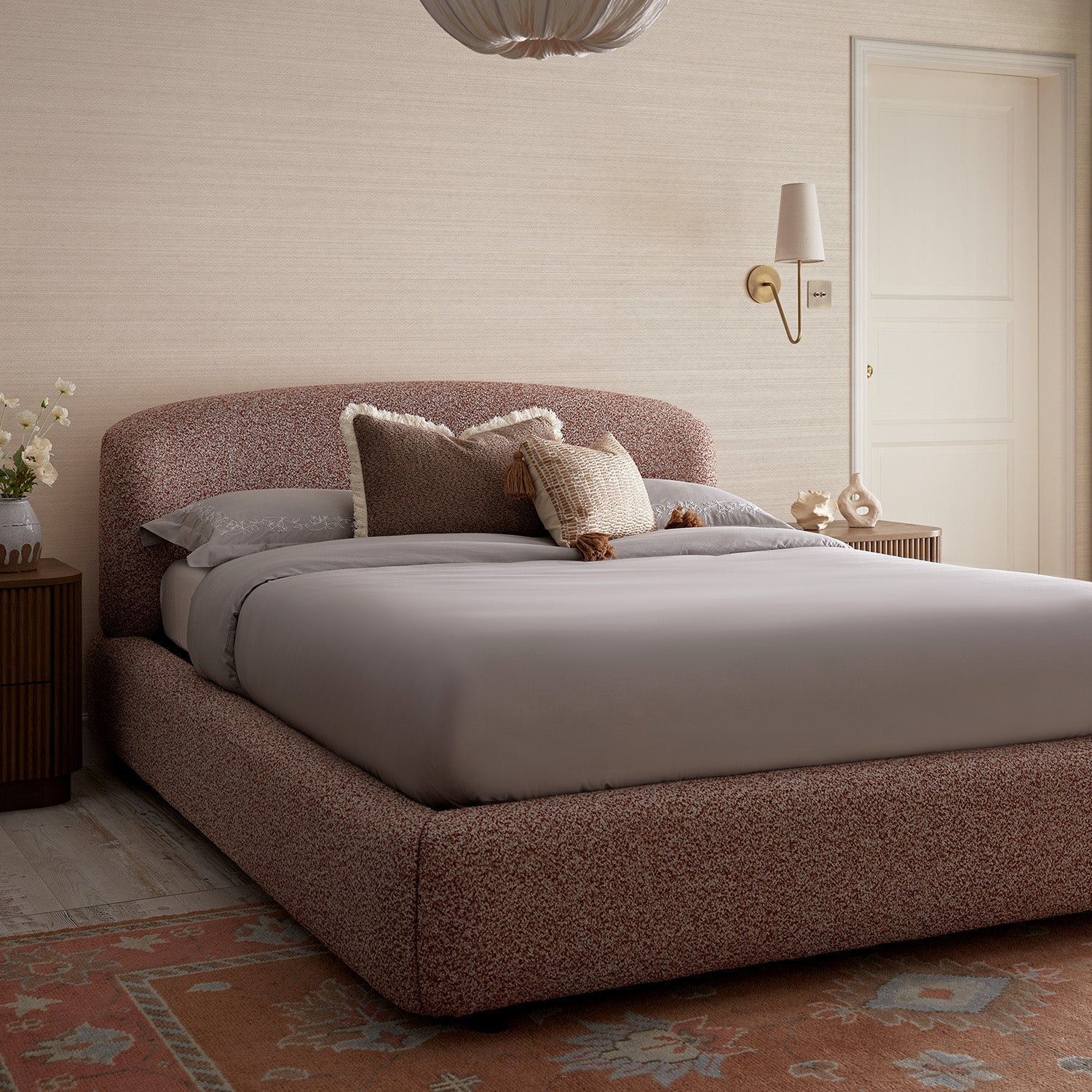 Constance Winged Headboard Ottoman Storage Bed, Musk Blush Boucle