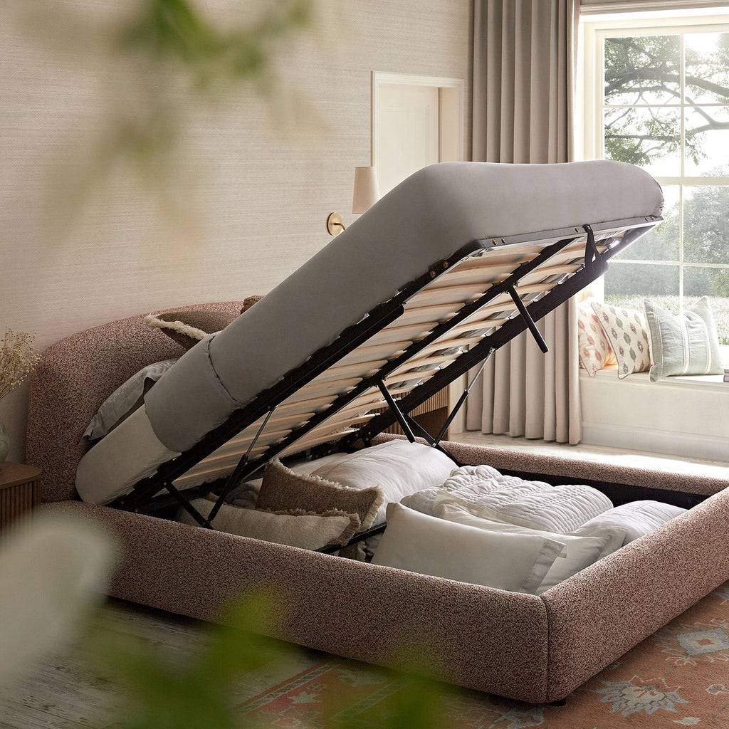 Constance Winged Headboard Ottoman Storage Bed, Musk Blush Boucle