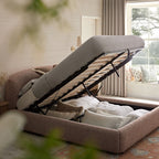 Constance Winged Headboard Ottoman Storage Bed, Musk Blush Boucle