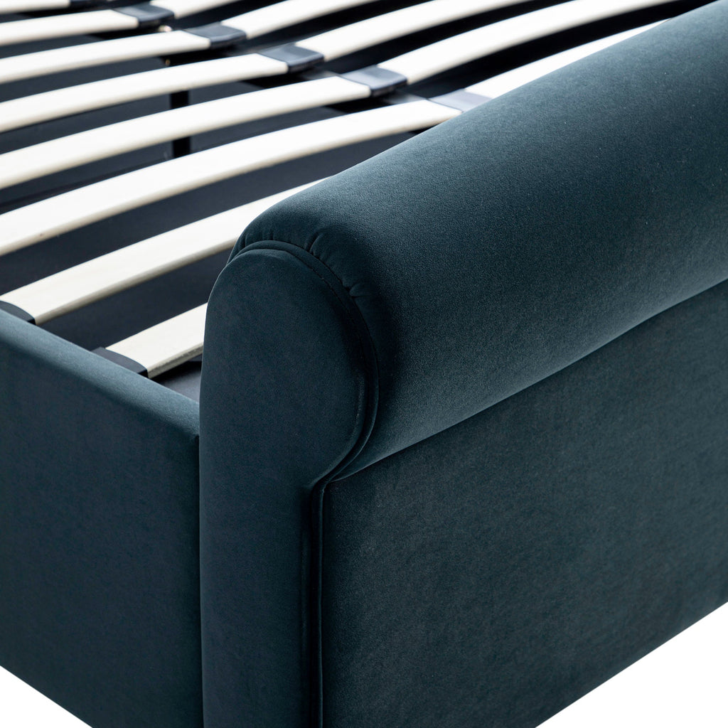 Porchester Ottoman Storage Sleigh Bed, Aegean Blue Velvet
