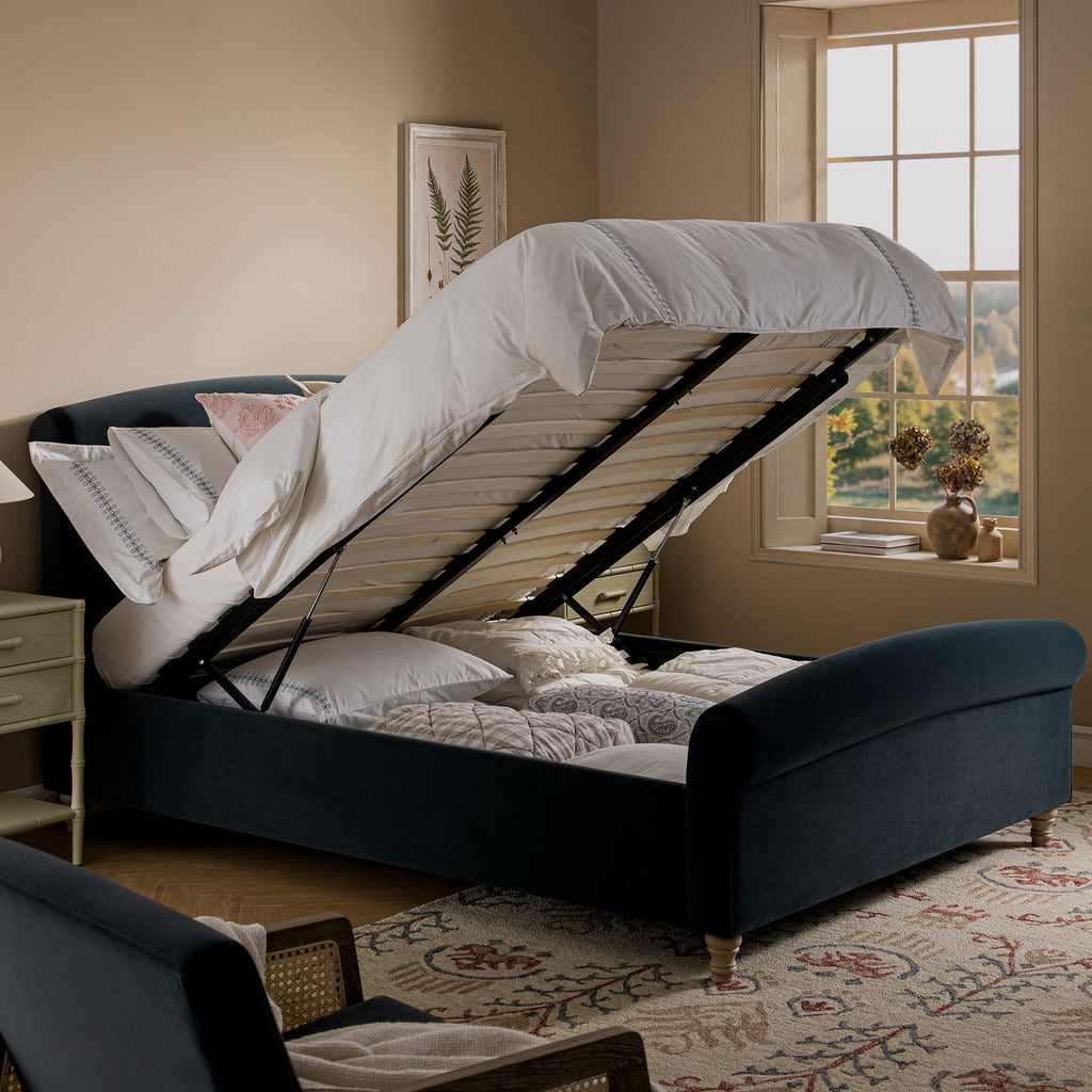 Porchester Ottoman Storage Sleigh Bed, Aegean Blue Velvet