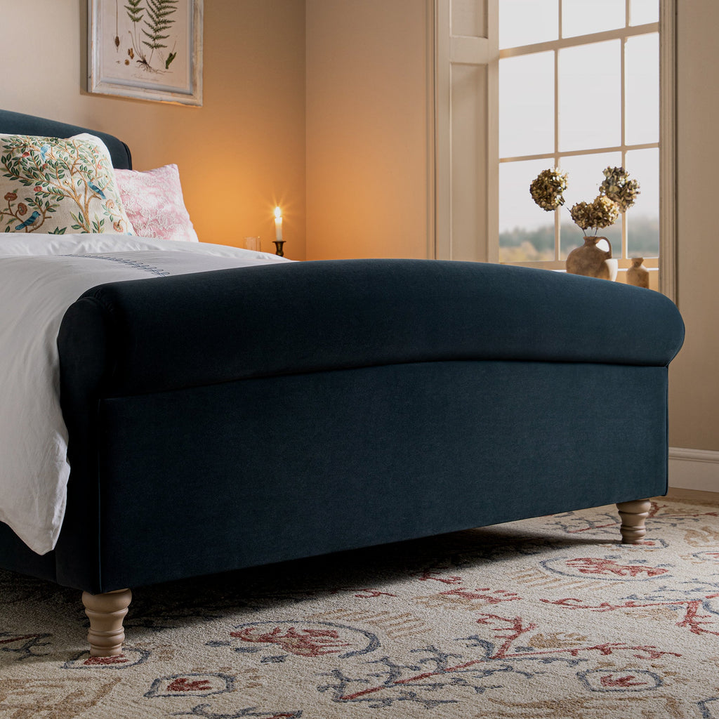 Porchester Ottoman Storage Sleigh Bed, Aegean Blue Velvet