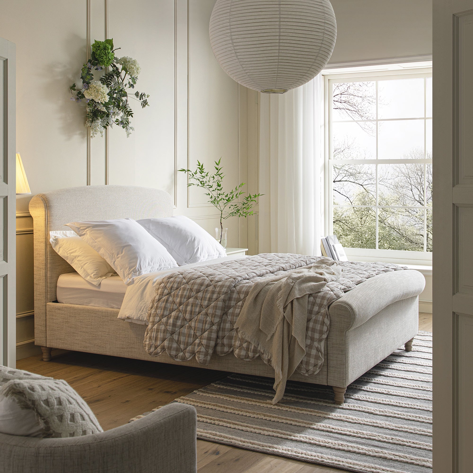 Porchester Ottoman Storage Sleigh Bed, Oatmeal Woven Textured Fabric