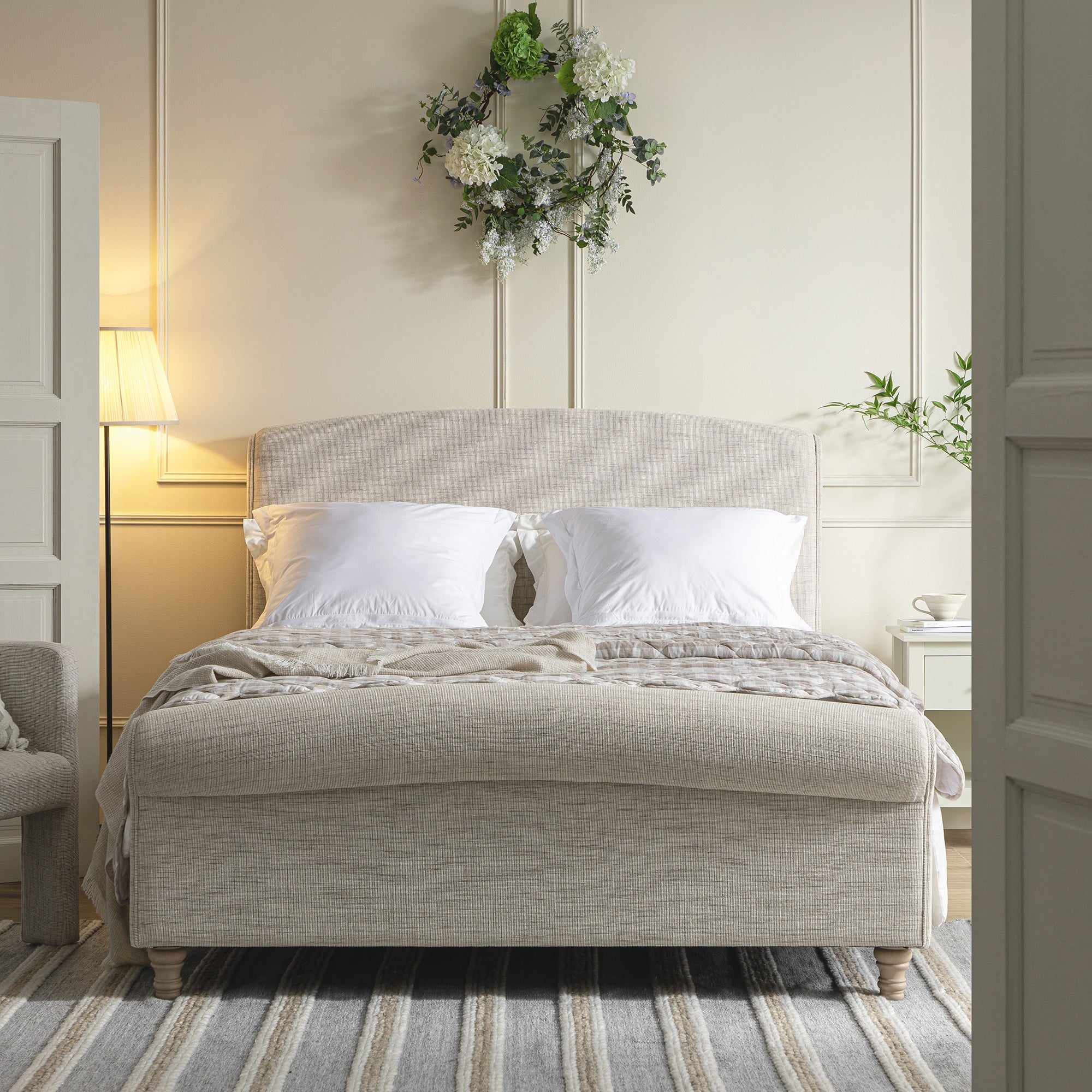 Porchester Ottoman Storage Sleigh Bed, Oatmeal Woven Textured Fabric