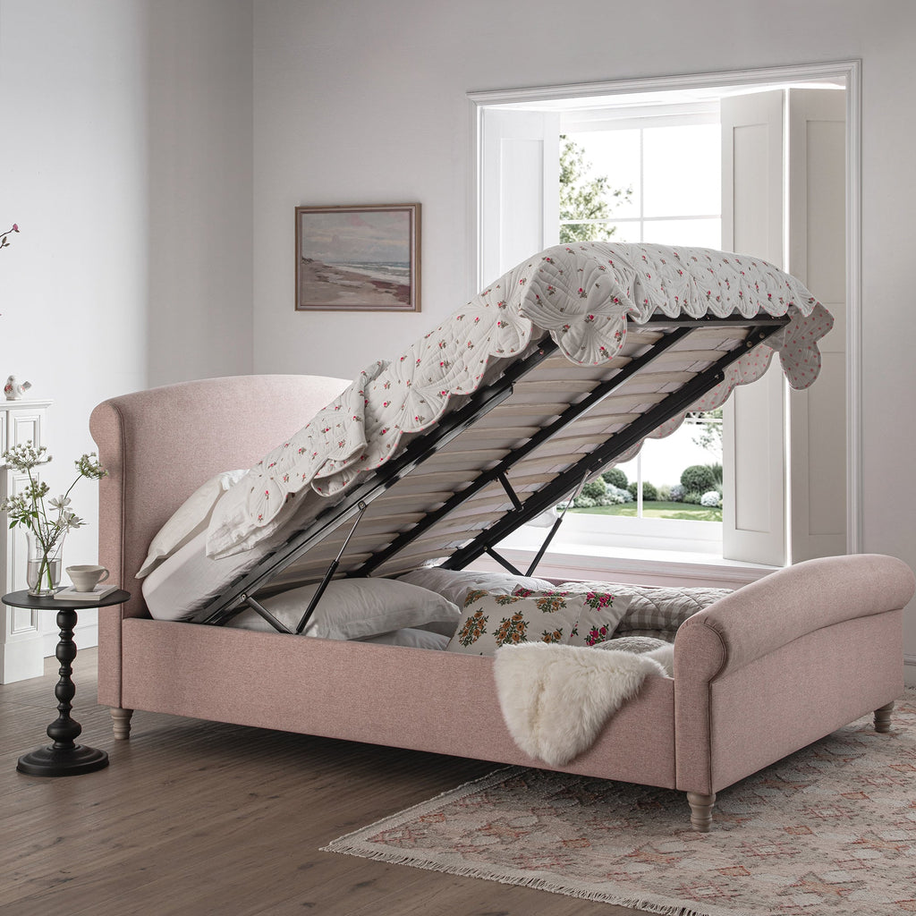 Porchester Ottoman Storage Sleigh Bed, Rosewater Pink Fabric