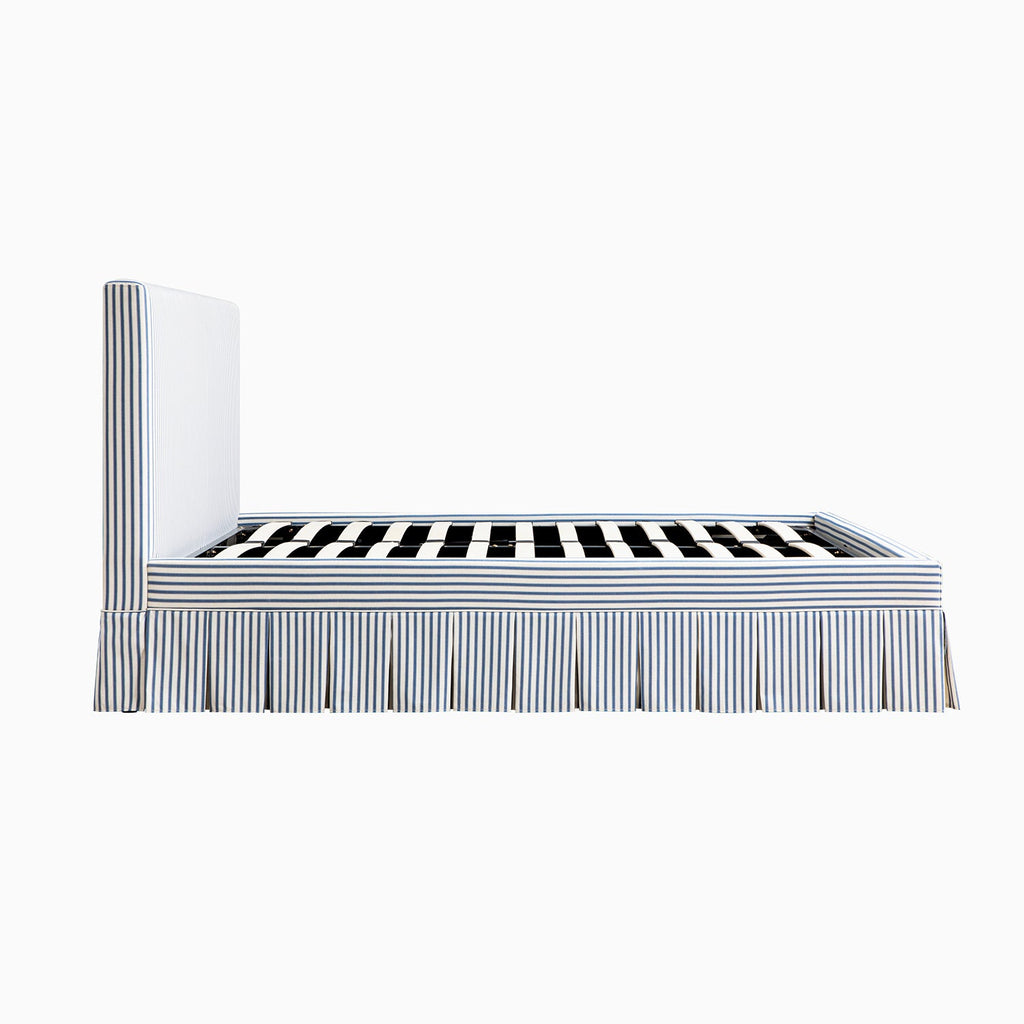 Egerton Box-Pleat Ottoman Storage Bed, Blue Striped Linen