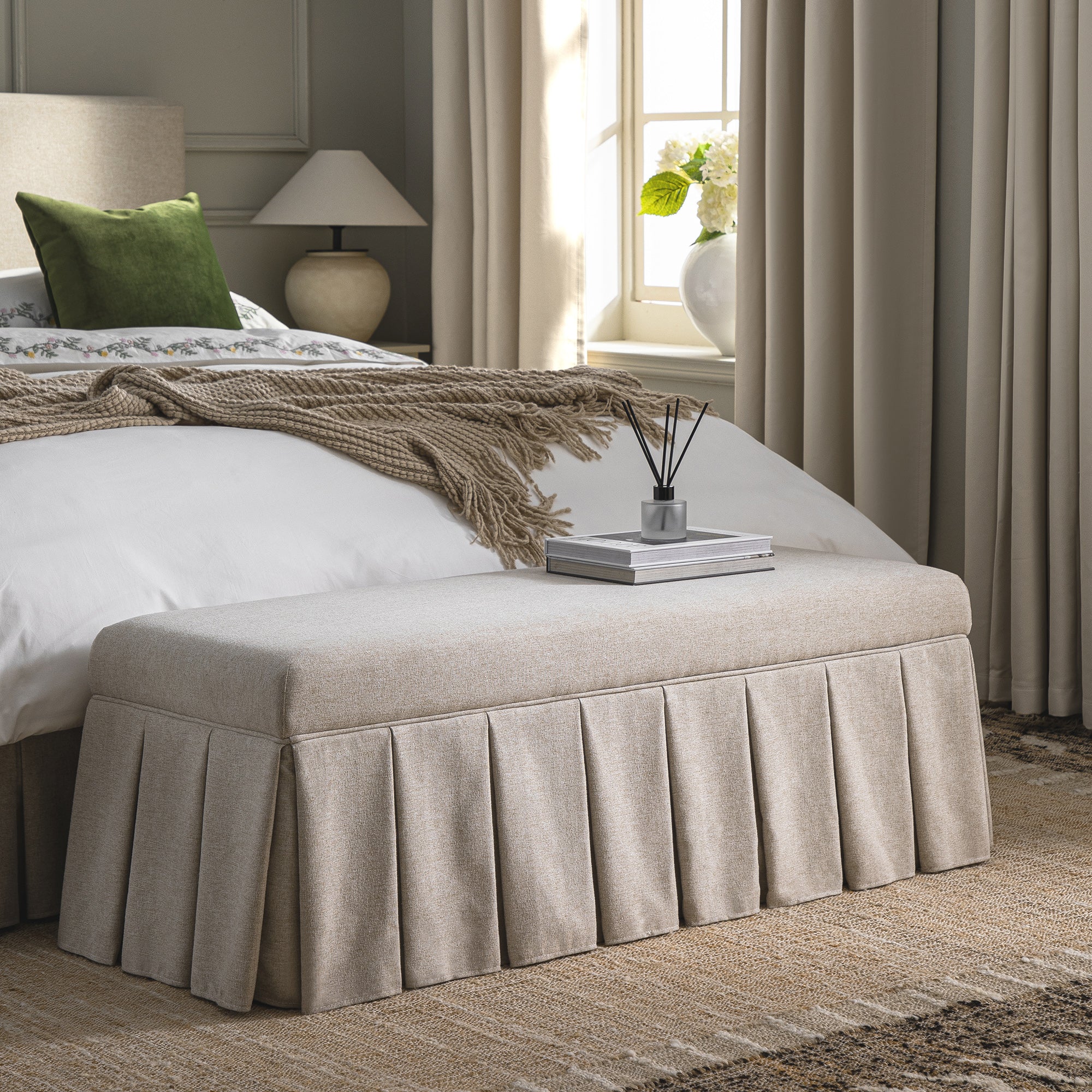 Egerton Box-Pleat Storage Bench, Oatmeal Brushed Fabric