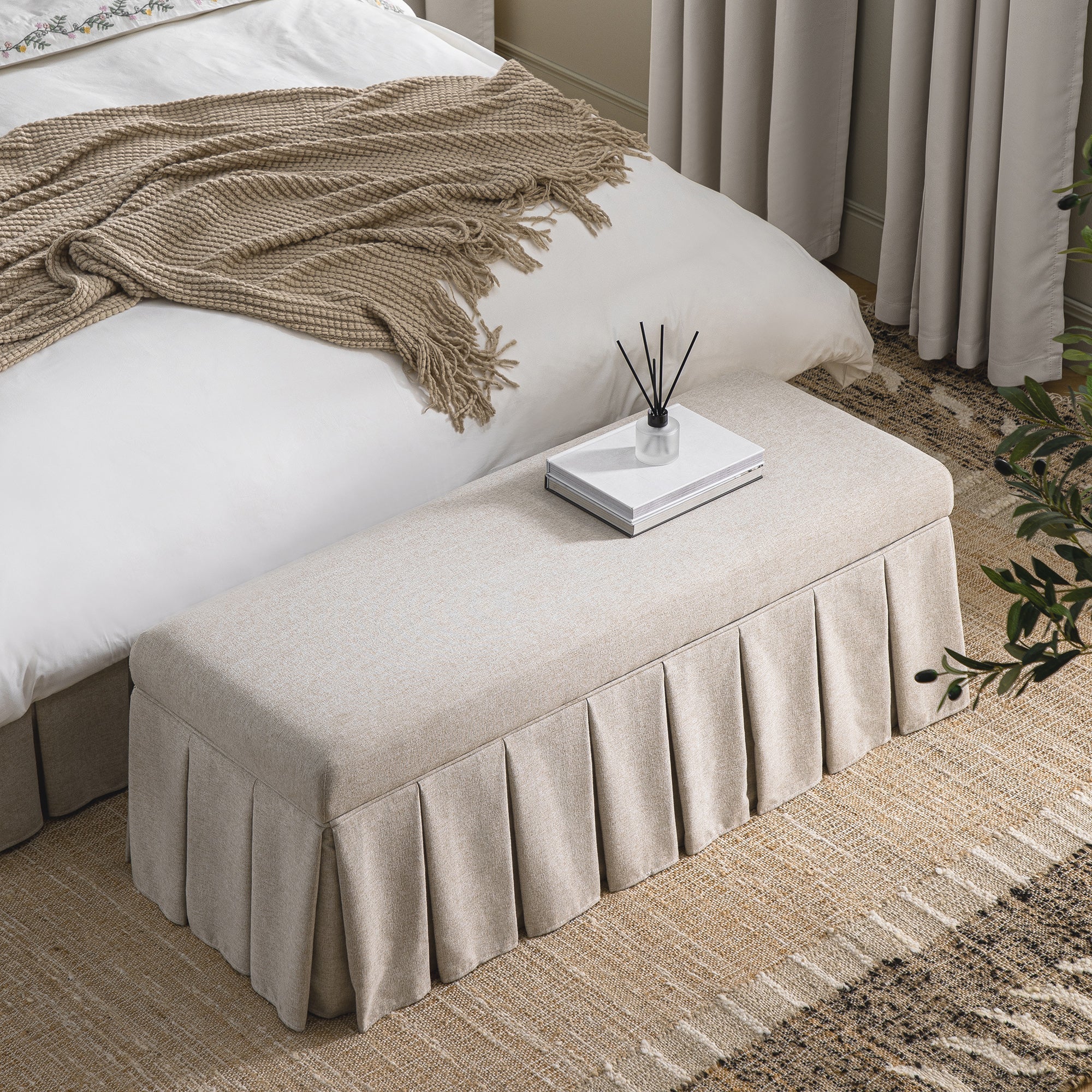 Egerton Box-Pleat Storage Bench, Oatmeal Brushed Fabric