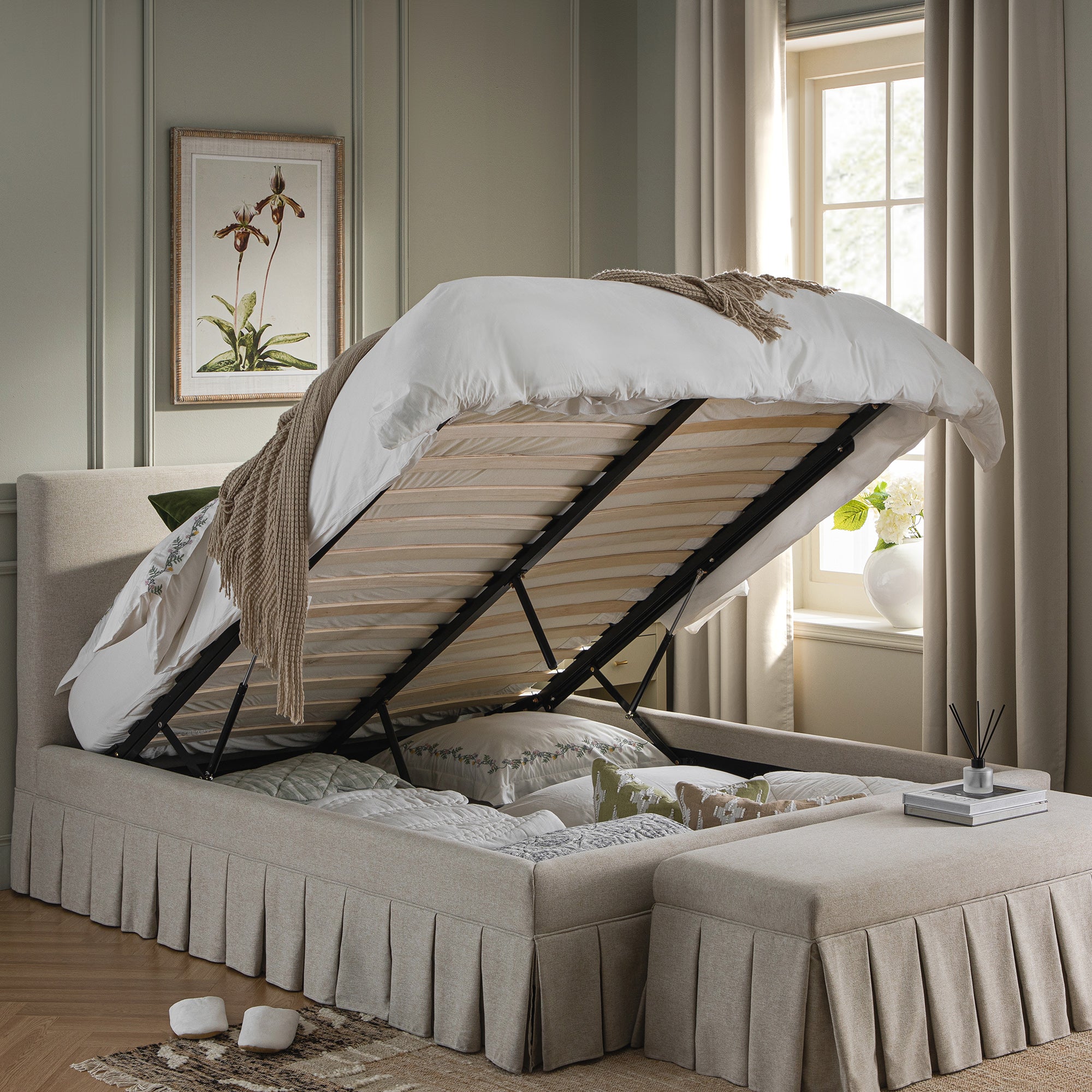 Egerton Box-Pleat Ottoman Storage Bed, Oatmeal Brushed Fabric