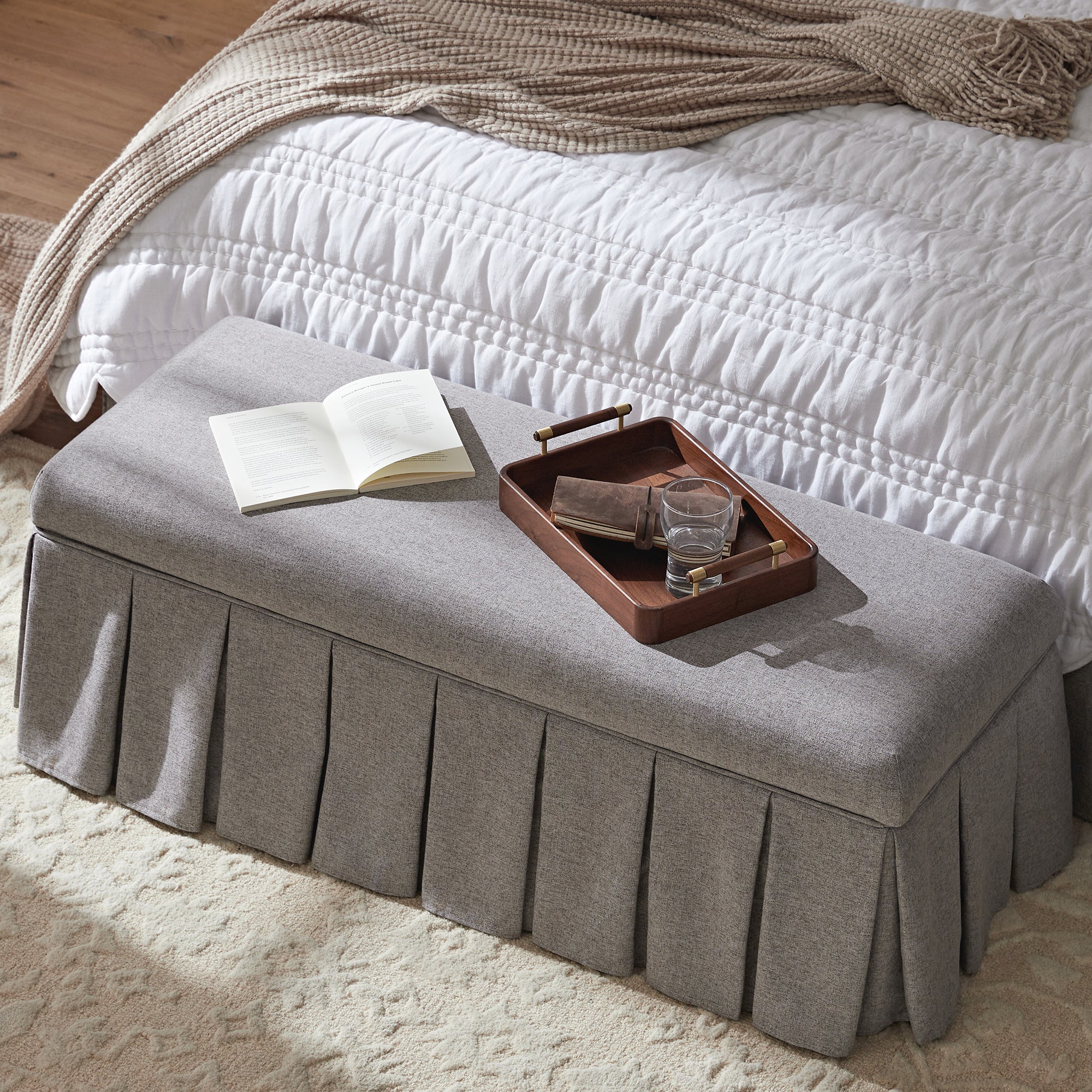 Egerton Box-Pleat Storage Bench, Stone Brushed Fabric