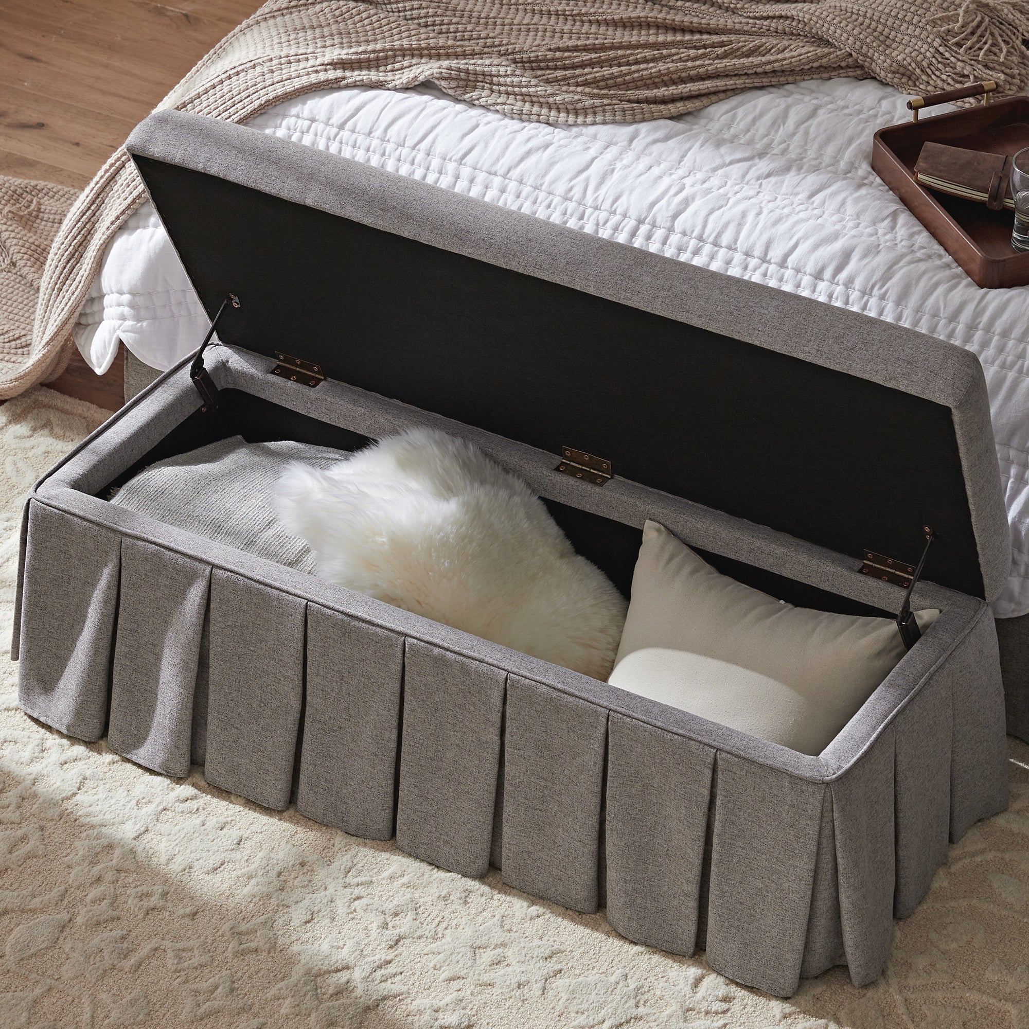 Egerton Box-Pleat Storage Bench, Stone Brushed Fabric